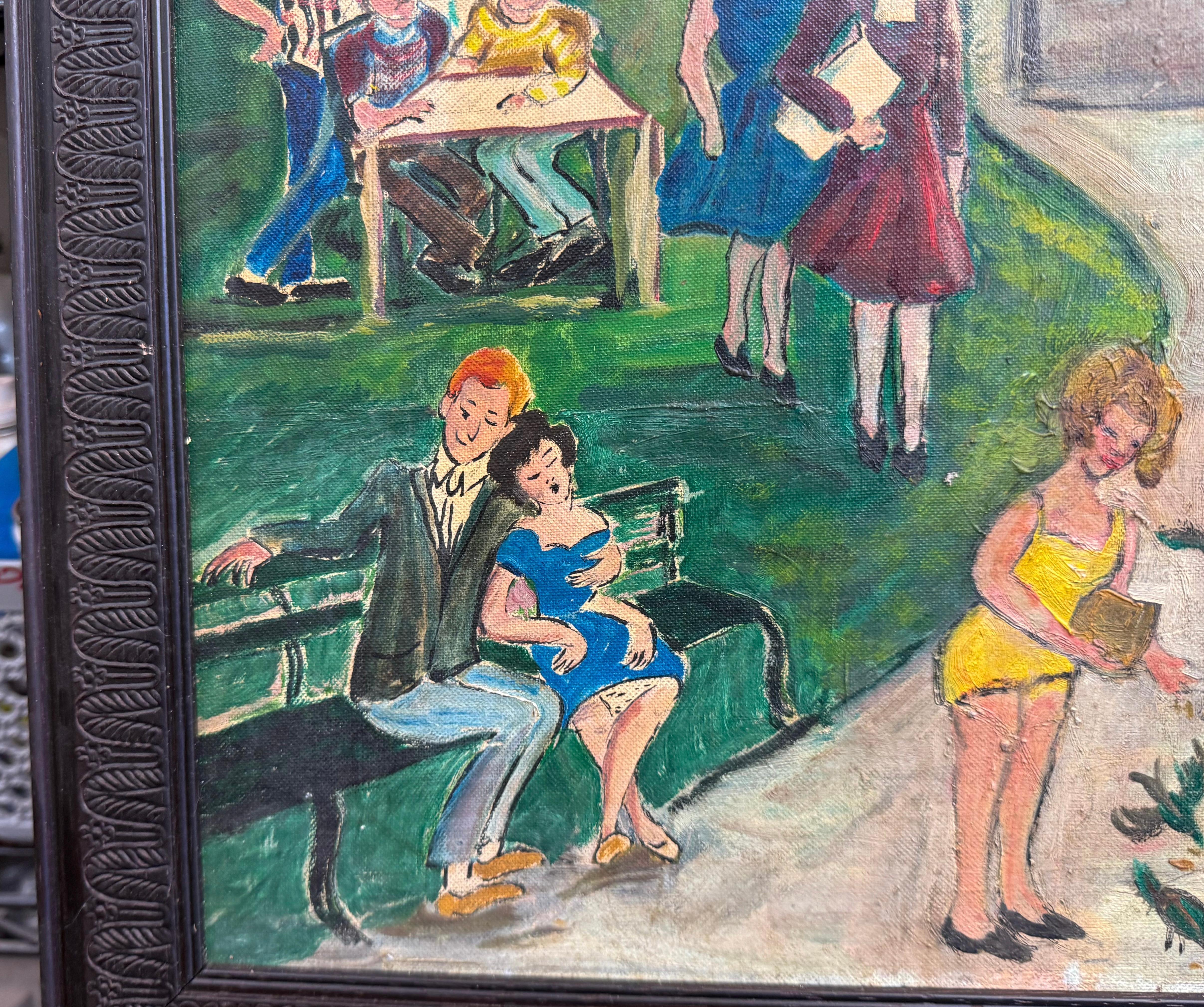 Américain Art populaire du milieu du siècle Huile sur toile encadrée et signée par Helen Strong - Scène de parc en vente