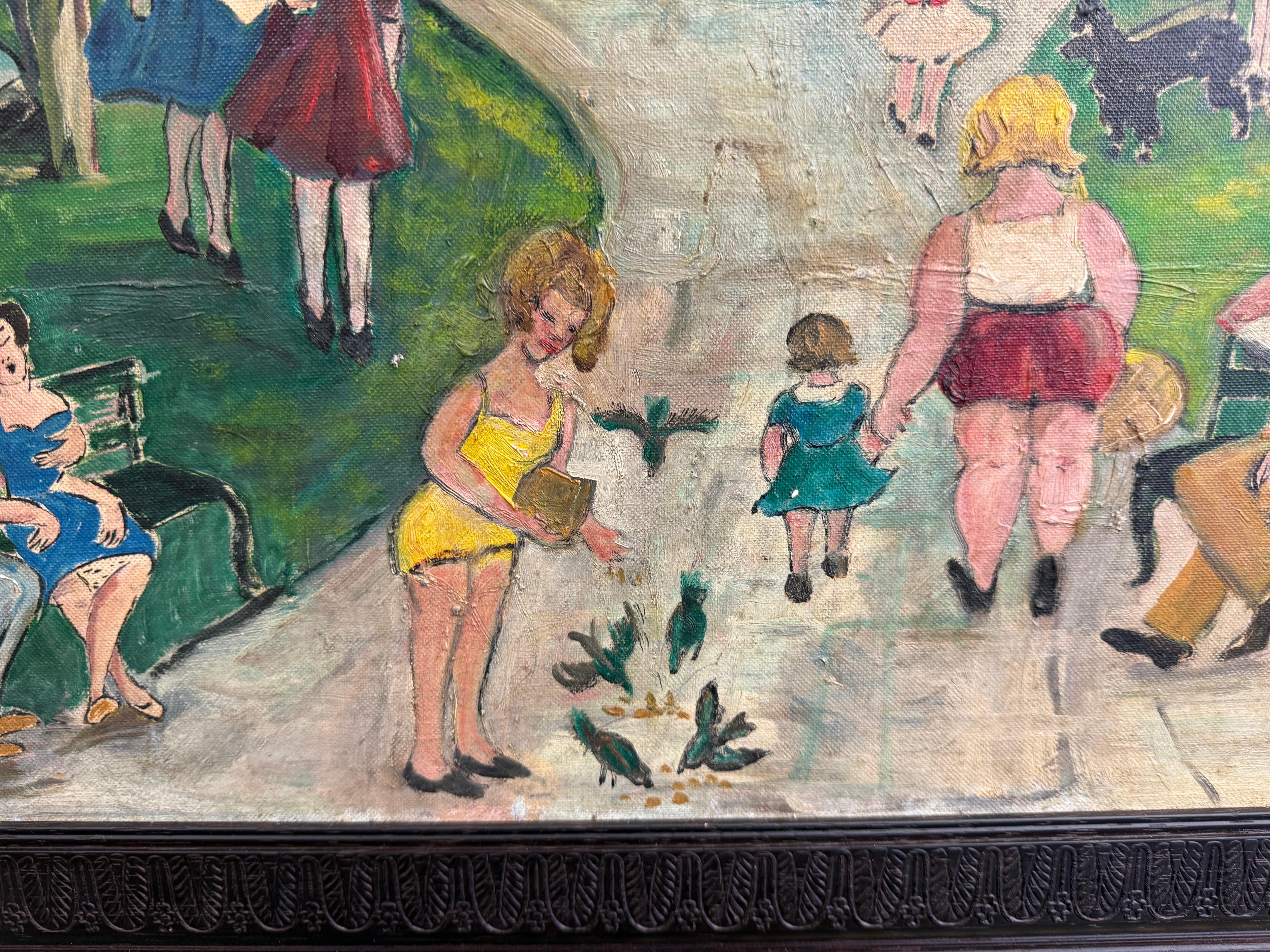 20ième siècle Art populaire du milieu du siècle Huile sur toile encadrée et signée par Helen Strong - Scène de parc en vente