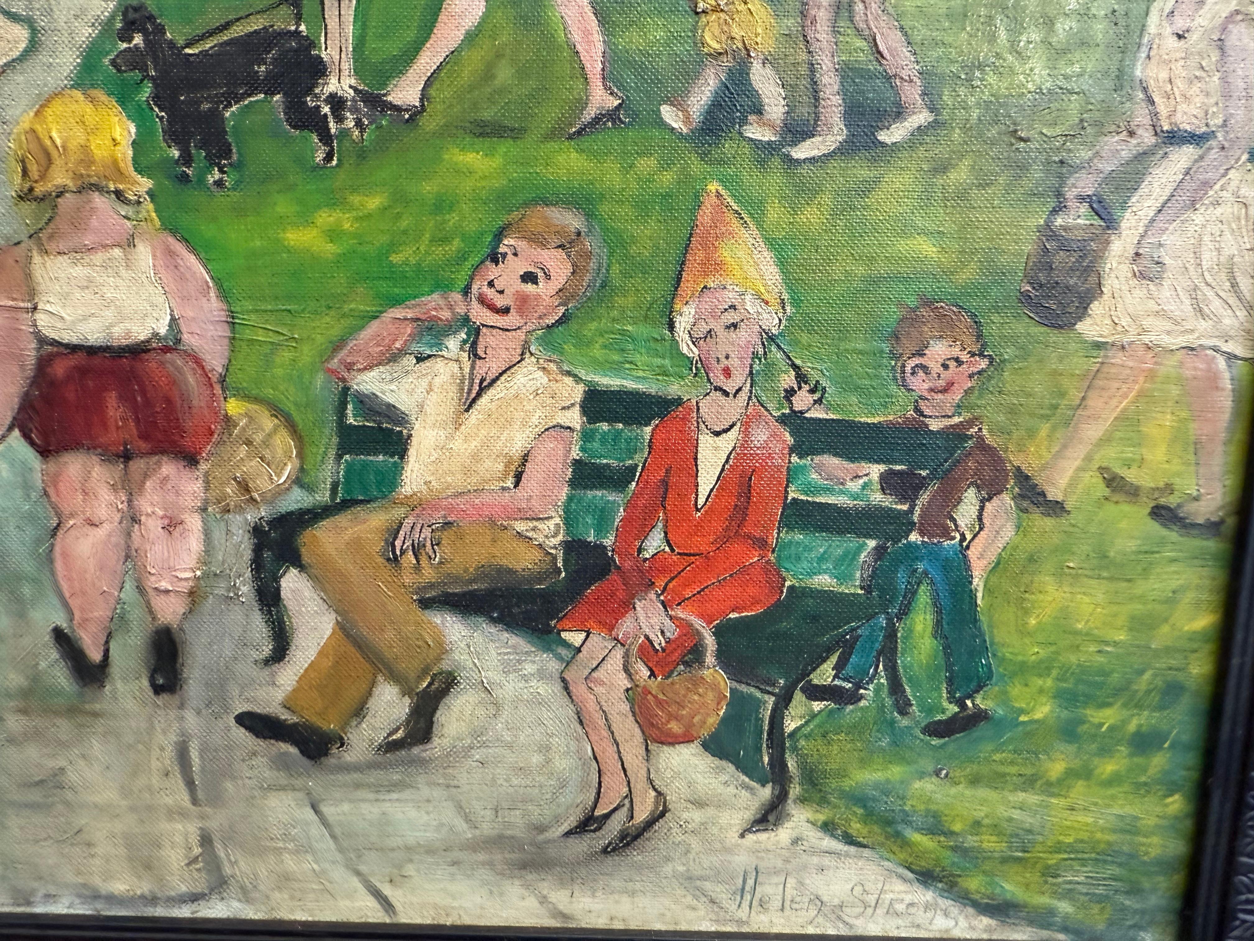 Toile Art populaire du milieu du siècle Huile sur toile encadrée et signée par Helen Strong - Scène de parc en vente