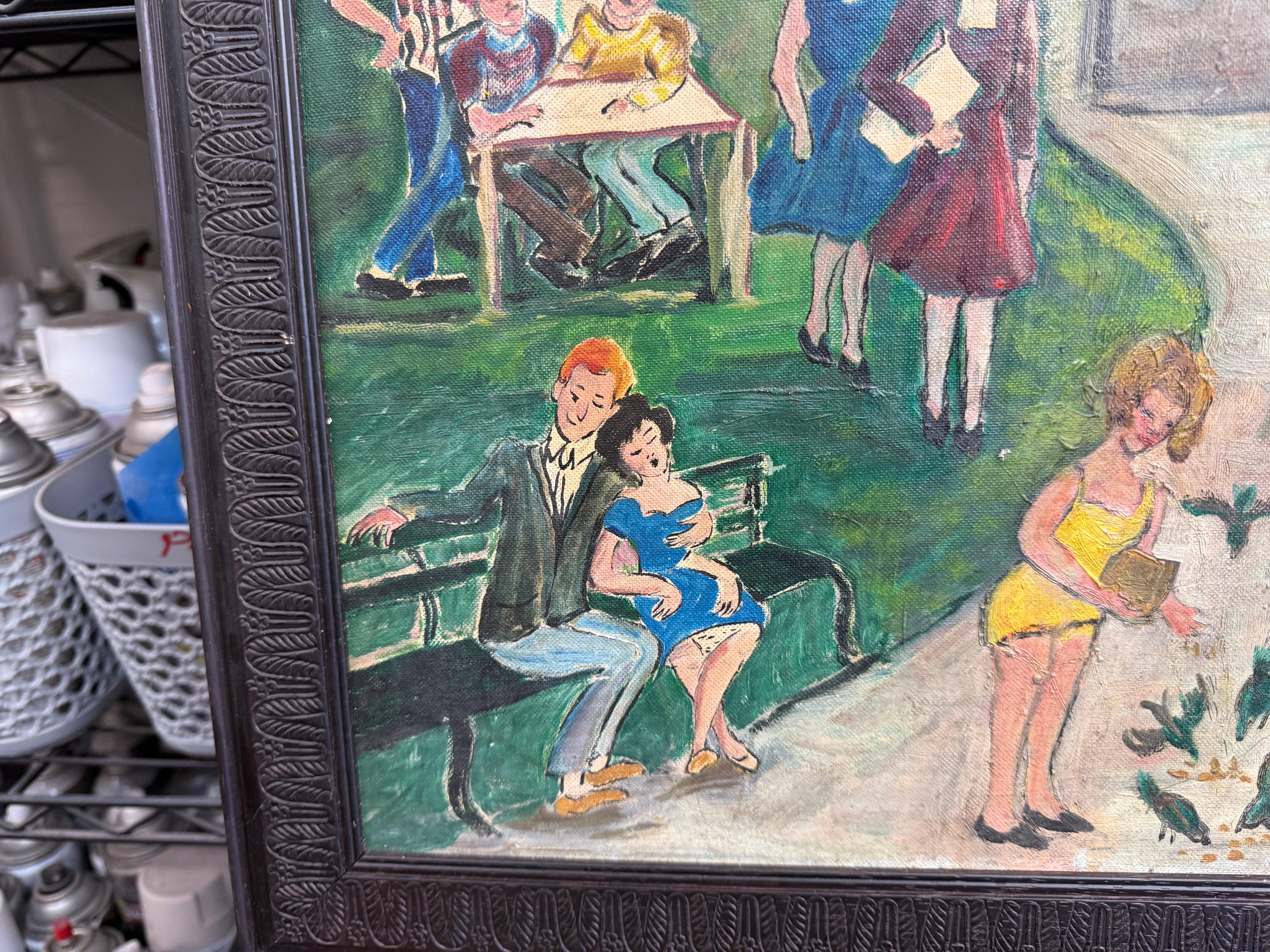 Art populaire du milieu du siècle Huile sur toile encadrée et signée par Helen Strong - Scène de parc en vente 1