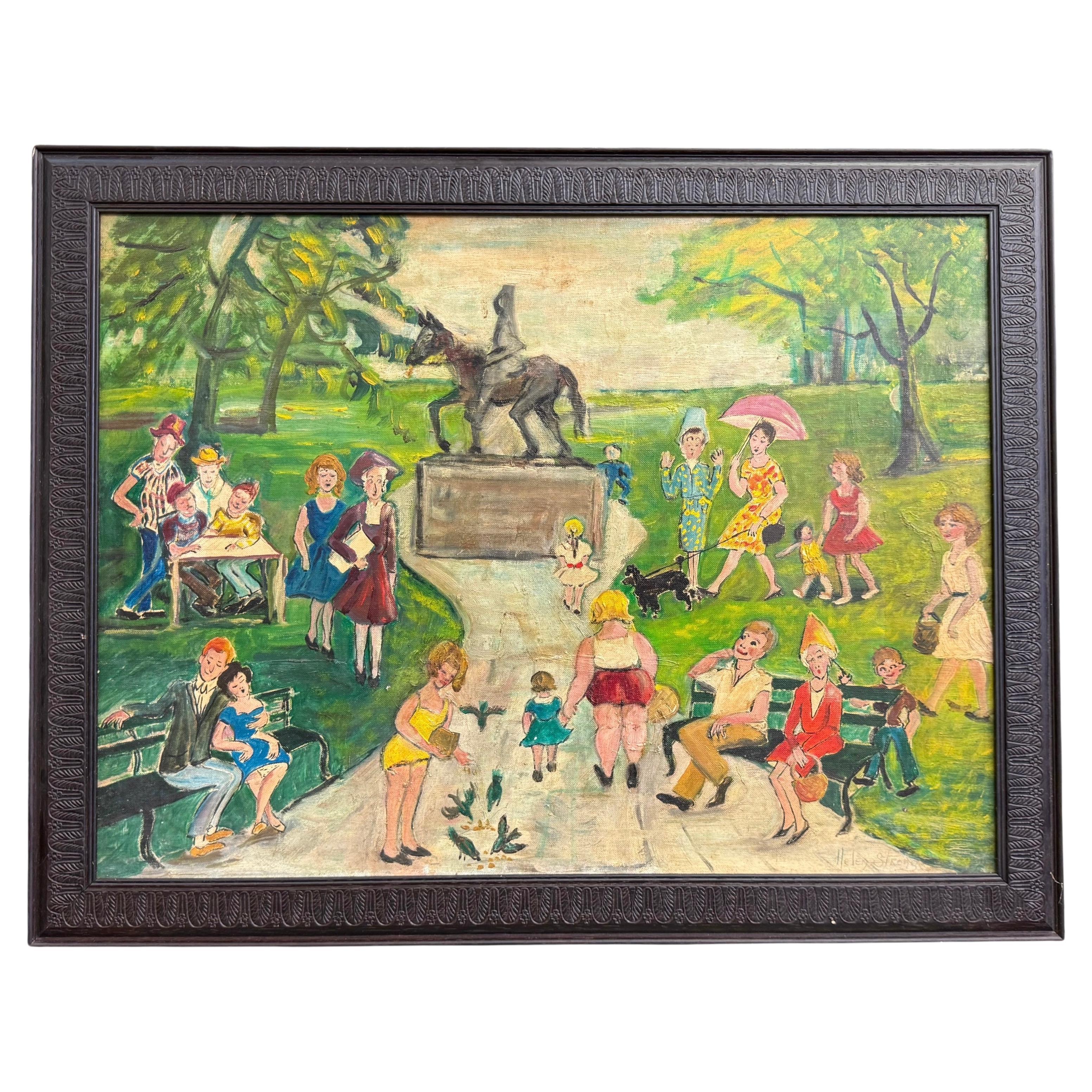 Art populaire du milieu du siècle Huile sur toile encadrée et signée par Helen Strong - Scène de parc en vente