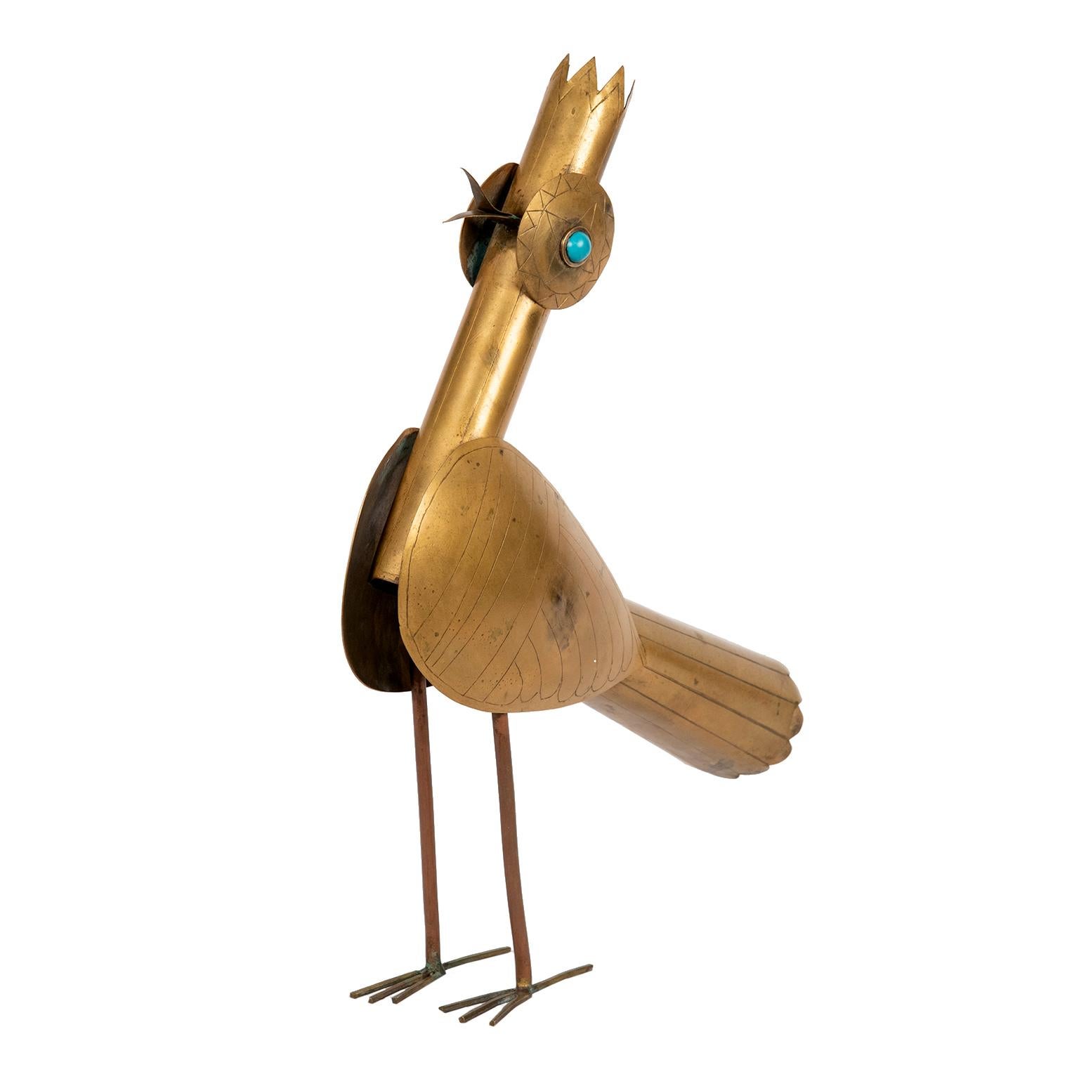 This charming warm golden brass metal sculpture with turquoise stone eyes is by celebrated painter and sculptor Ecuadorian Oswaldo Guayasamín (1919-1999). 
Signed Guayasamin on the side of the birds tale.
