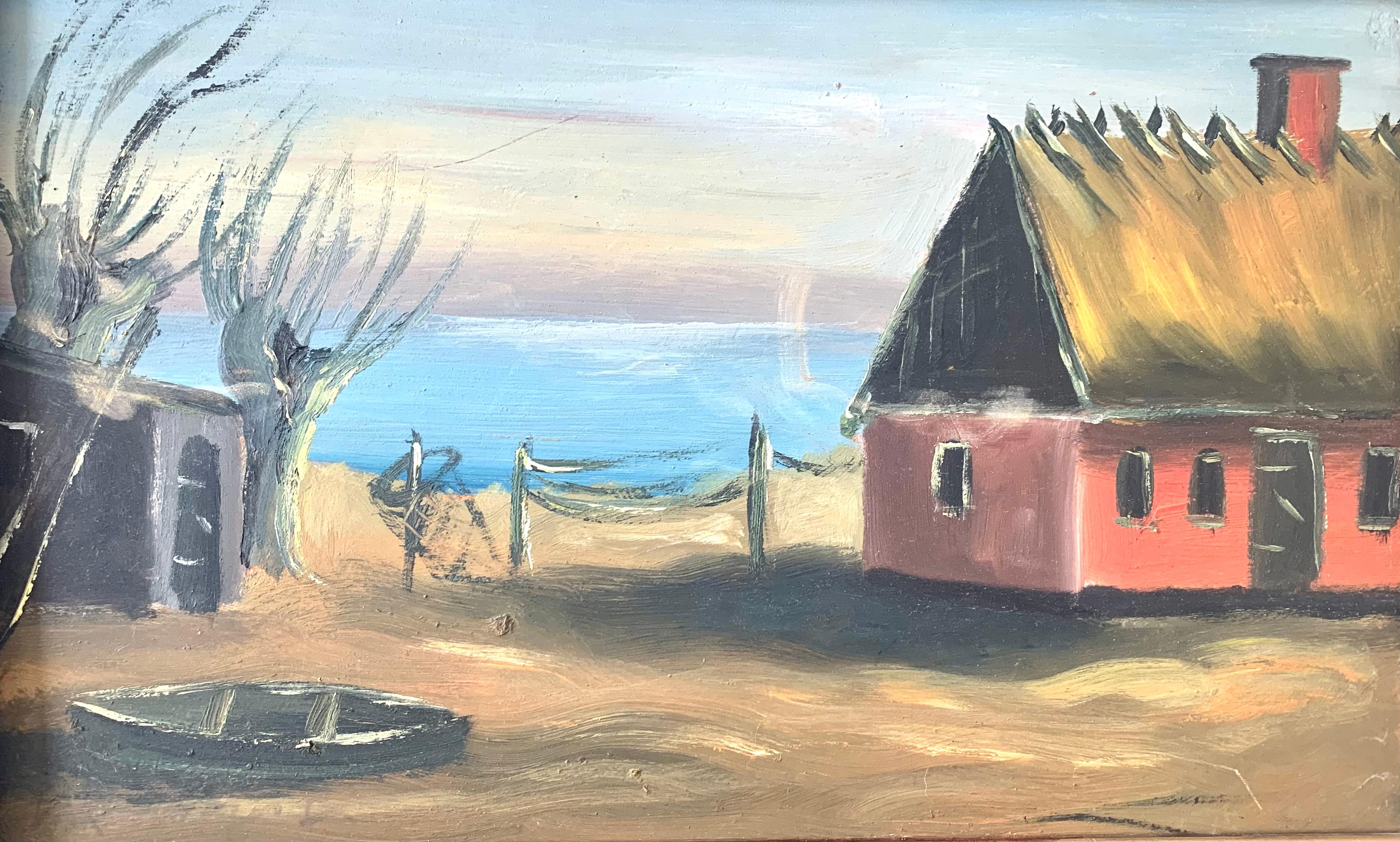 Óleo de inspiración popular de mediados de siglo sobre un paisaje rural costero con una casa Romántico en venta