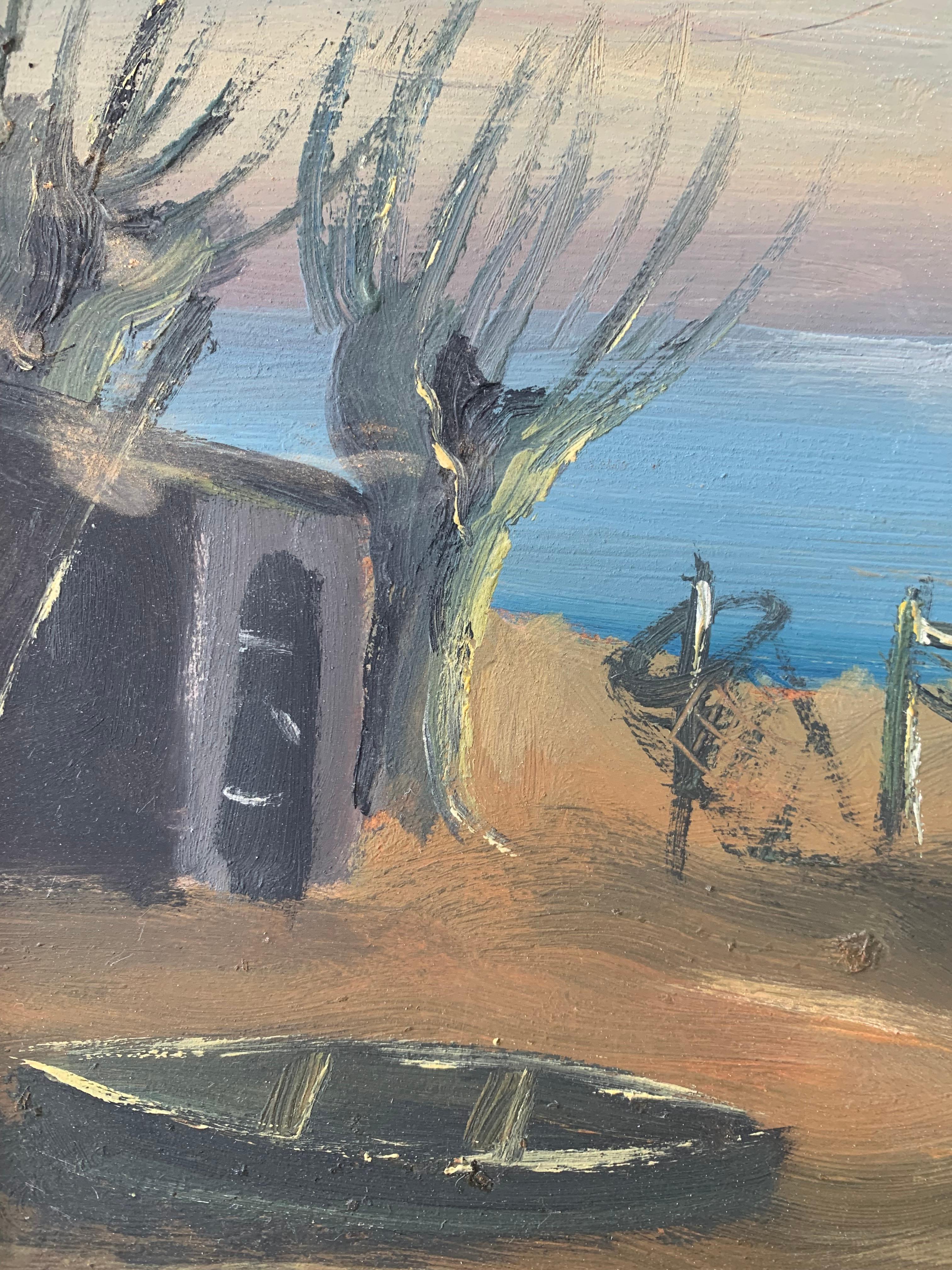 Óleo de inspiración popular de mediados de siglo sobre un paisaje rural costero con una casa Pintado en venta