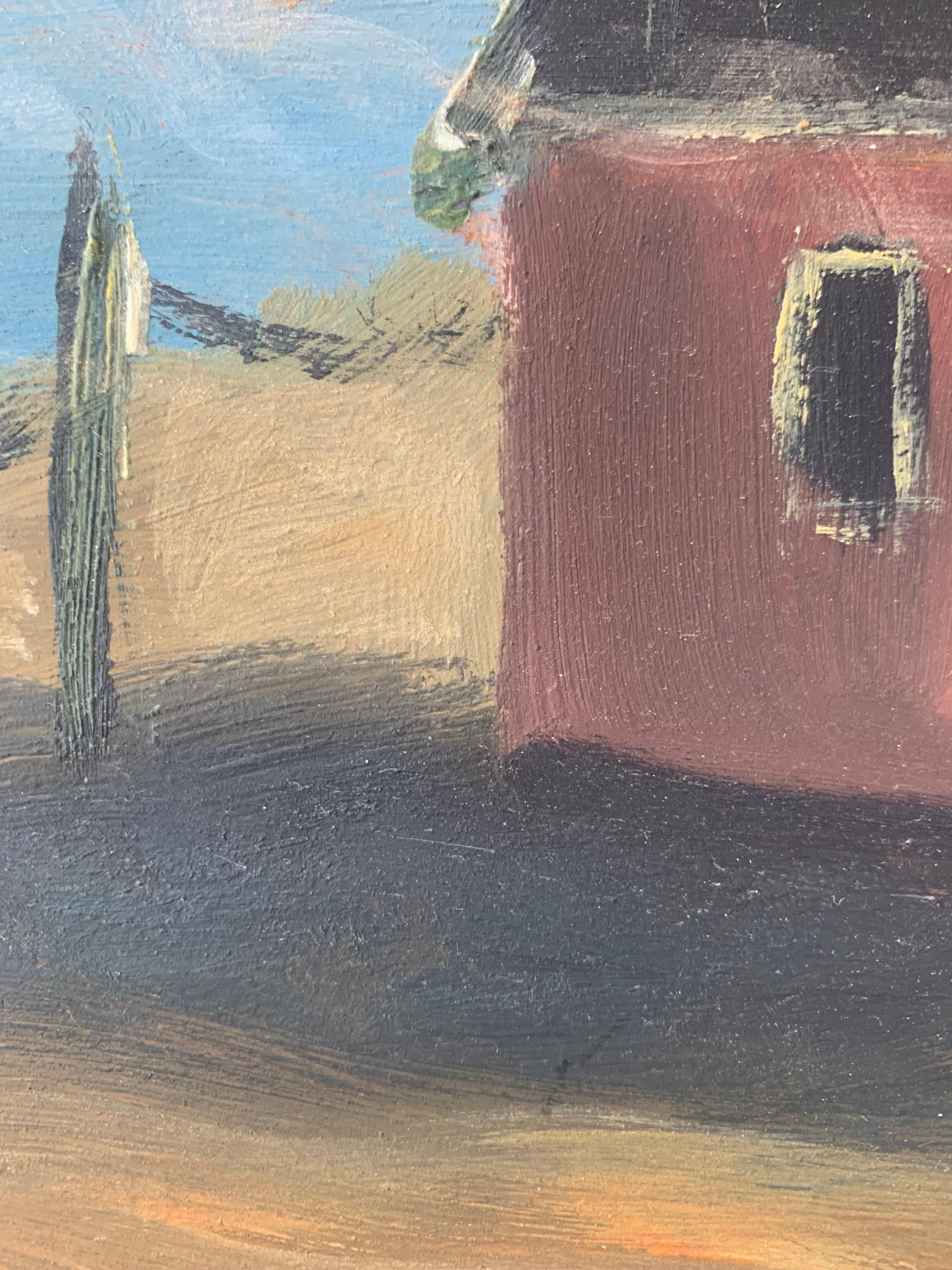 Óleo de inspiración popular de mediados de siglo sobre un paisaje rural costero con una casa siglo XX en venta