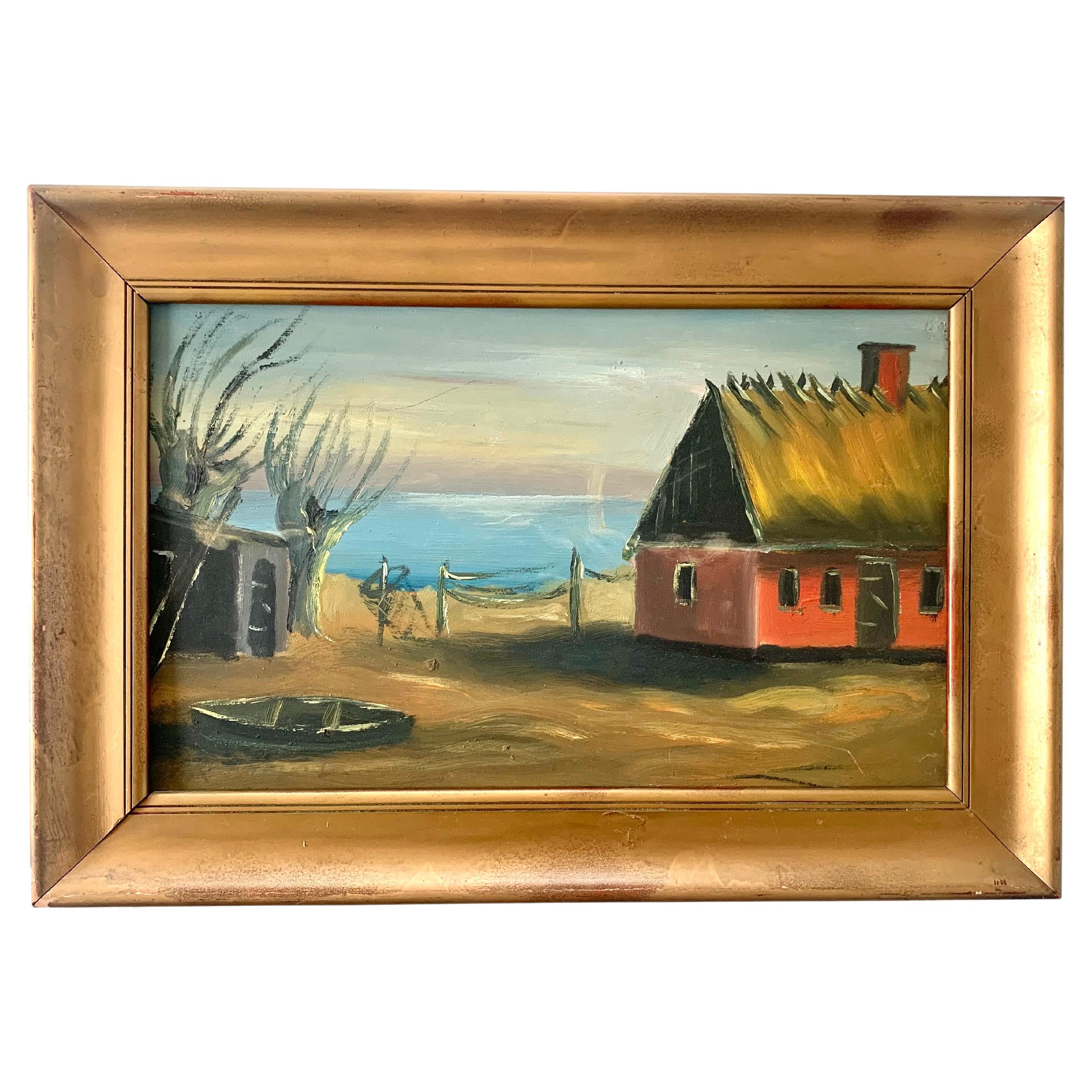 Óleo de inspiración popular de mediados de siglo sobre un paisaje rural costero con una casa en venta