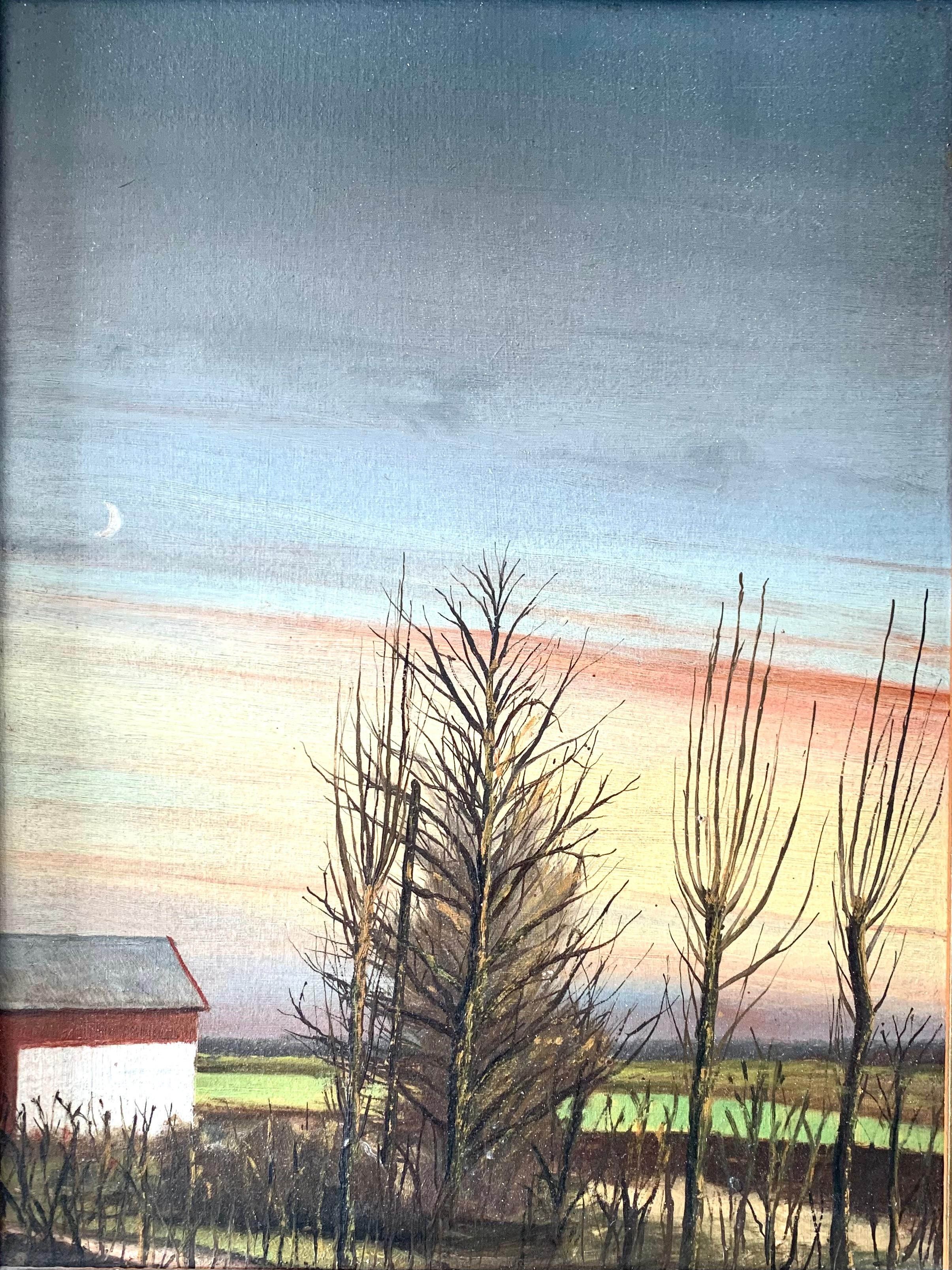 Original vintage oil on plate painting of a serene rural twilight landscape. The leafless trees are silhouetted against a sky in golden tones near the horizon and deeper blue-gray colours above, capturing either dawn or dusk. A barn or farmhouse
