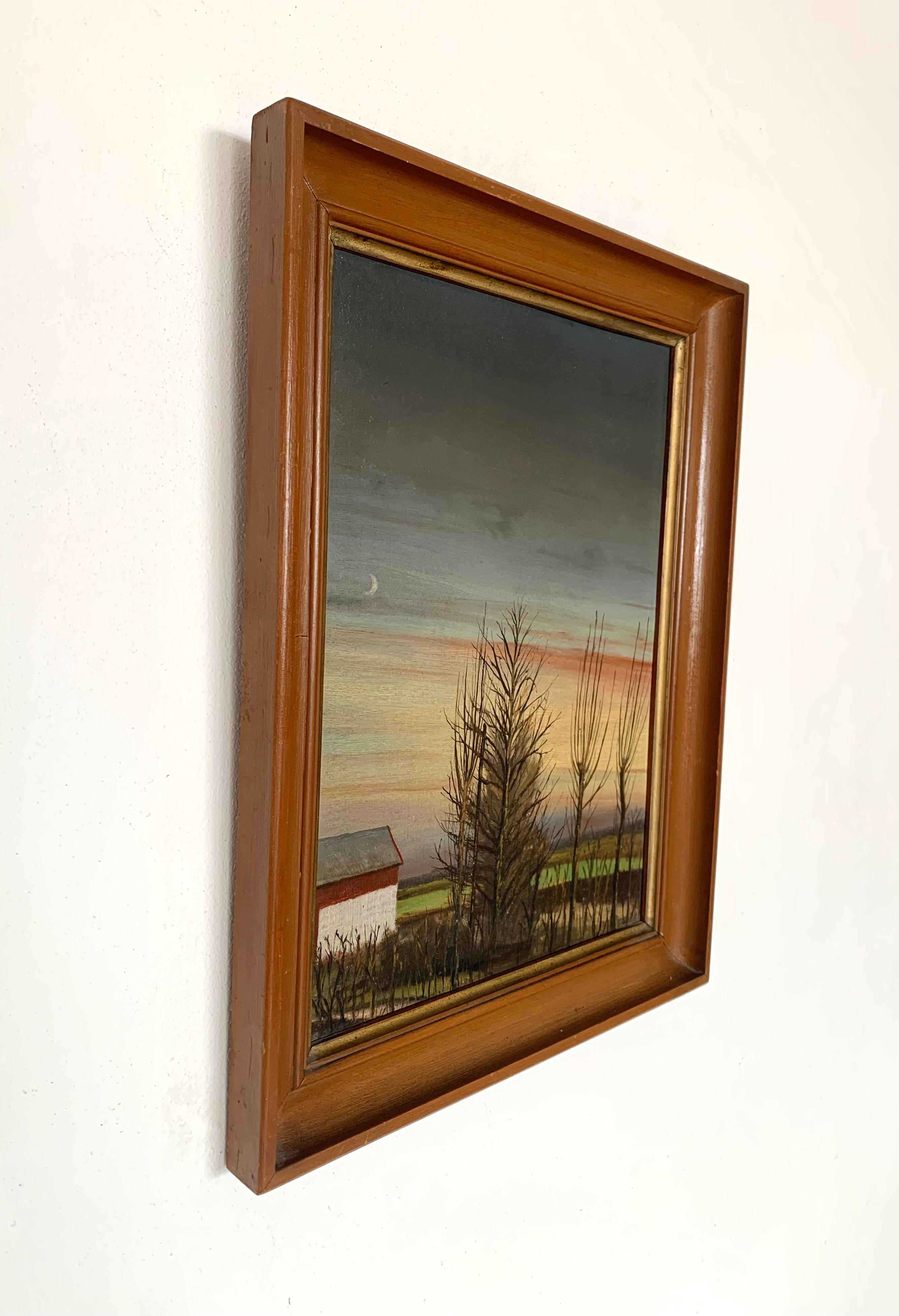 Folk Art Mid century folk-inspired oil painting of twilight landscape with crescent moon For Sale