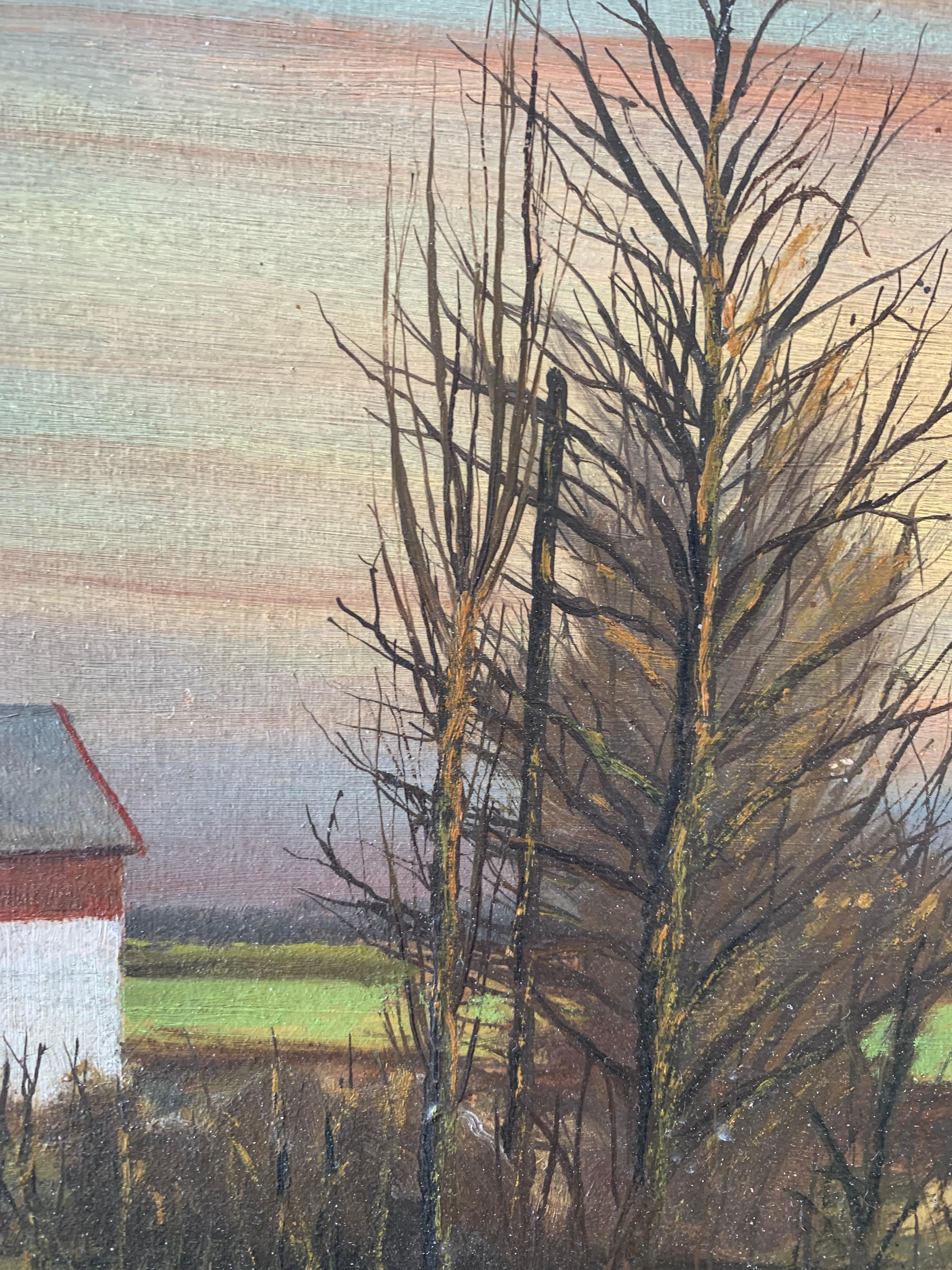 Danish Mid century folk-inspired oil painting of twilight landscape with crescent moon For Sale