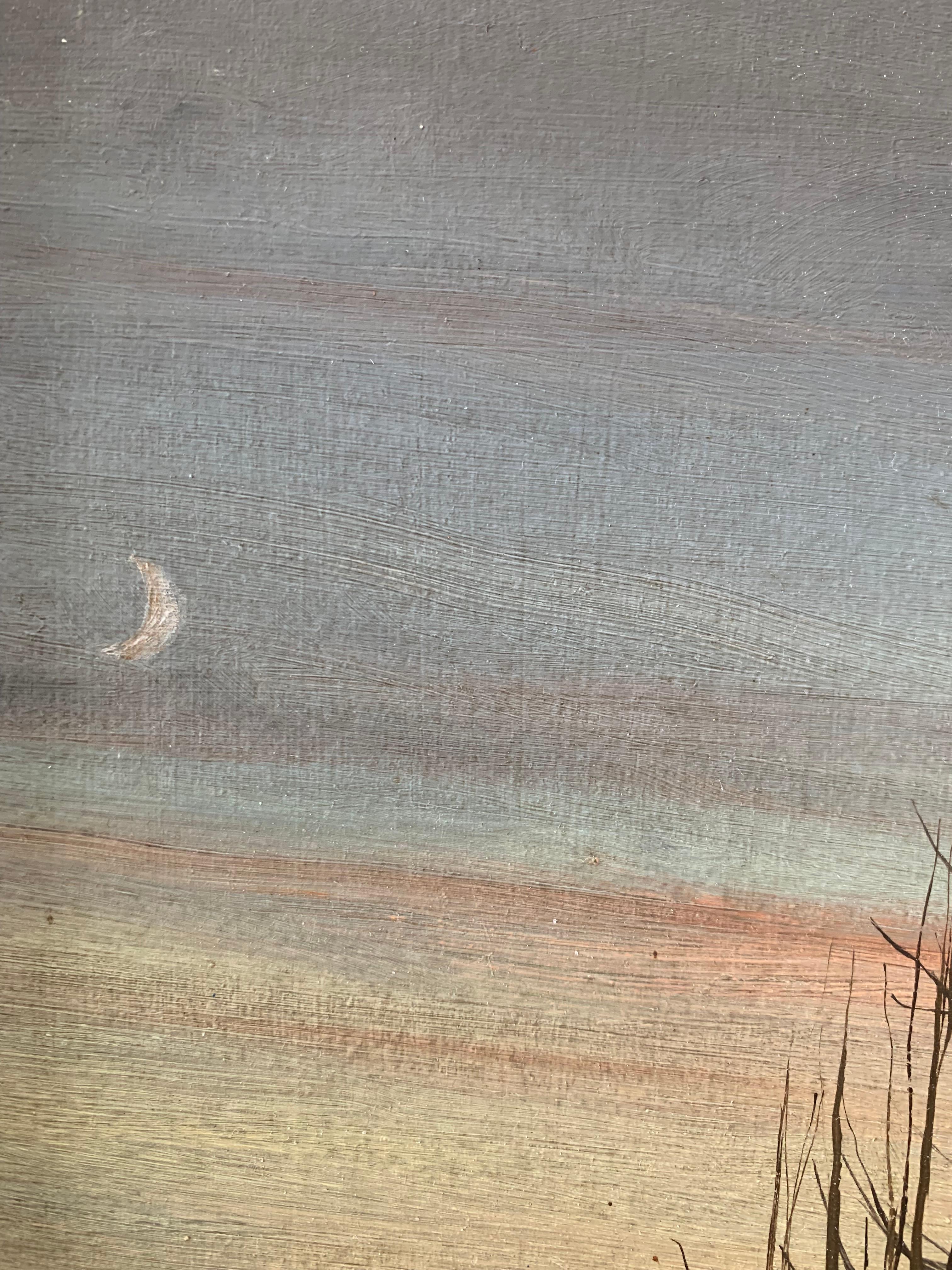 Painted Mid century folk-inspired oil painting of twilight landscape with crescent moon For Sale