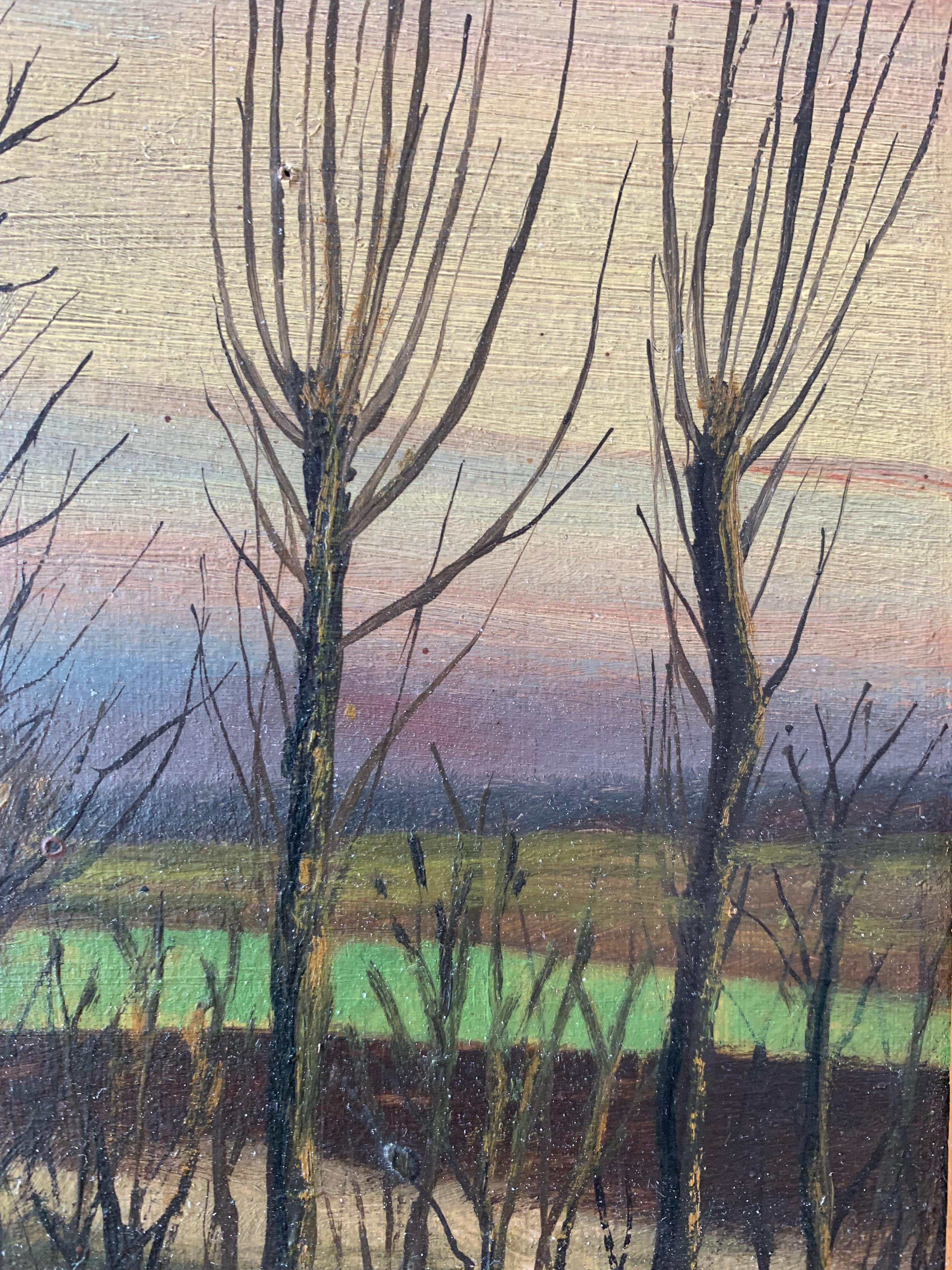 Mid century folk-inspired oil painting of twilight landscape with crescent moon In Good Condition For Sale In Ebberup, DK