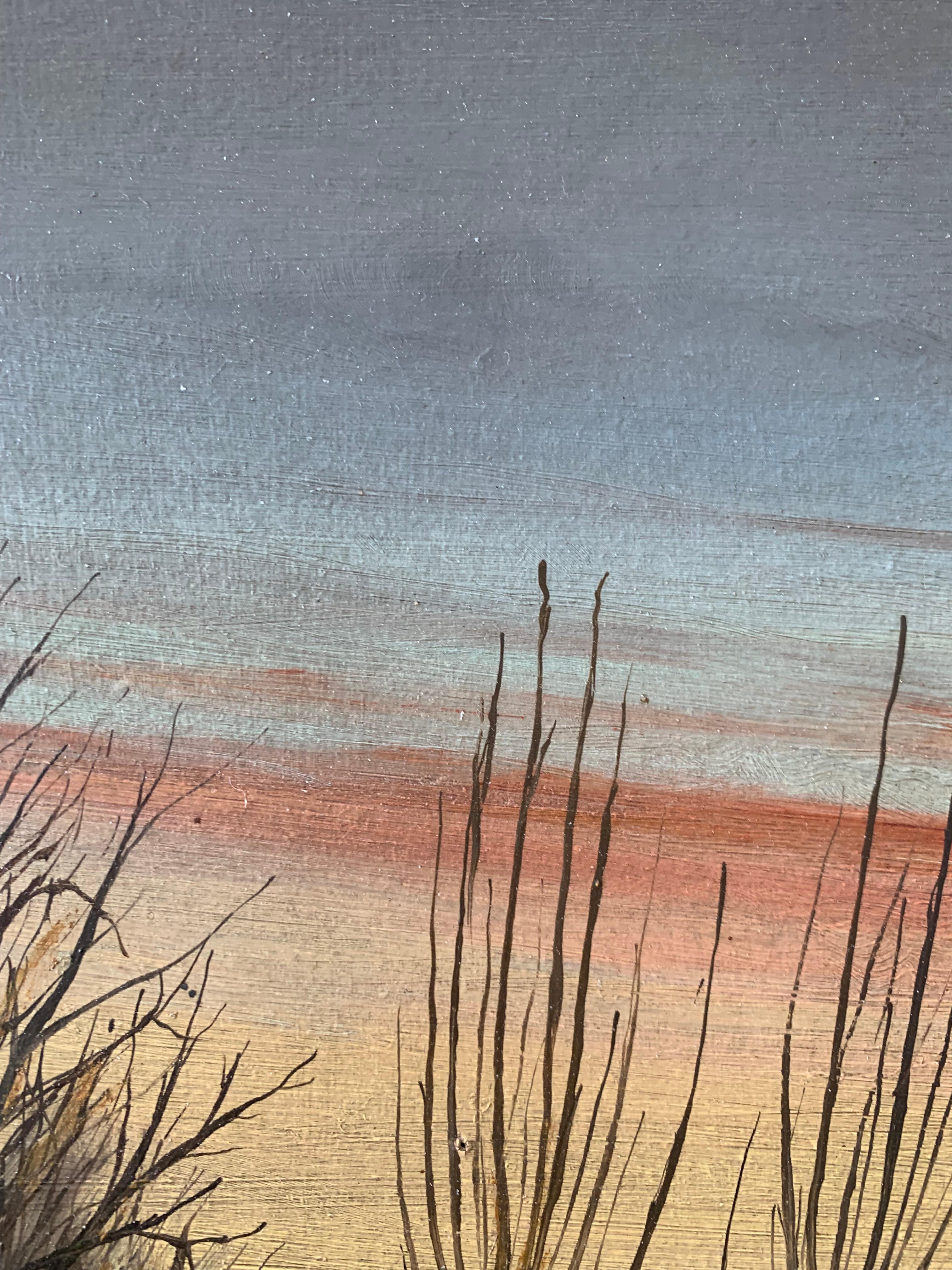 20th Century Mid century folk-inspired oil painting of twilight landscape with crescent moon For Sale