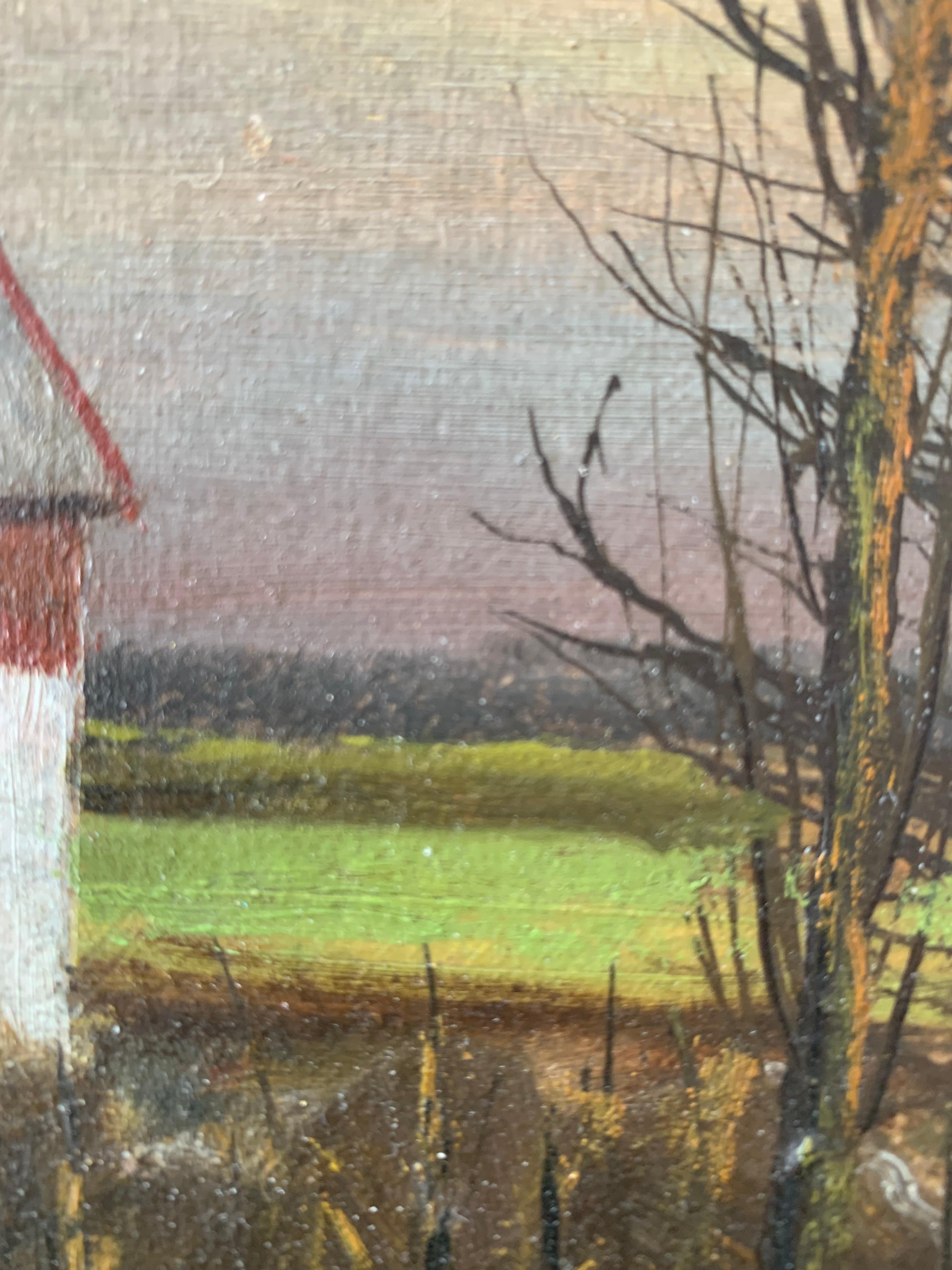 Wood Mid century folk-inspired oil painting of twilight landscape with crescent moon For Sale