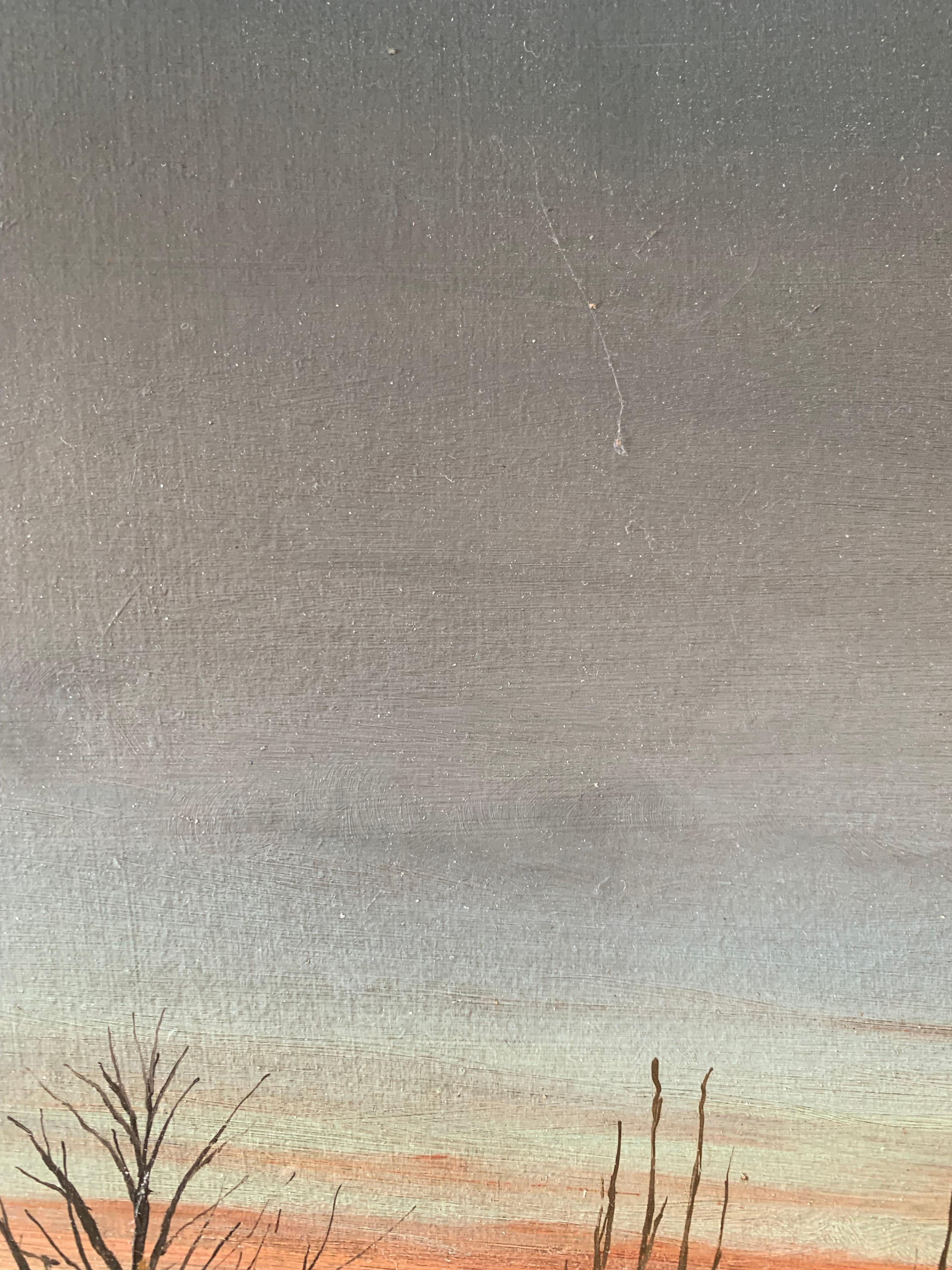 Mid century folk-inspired oil painting of twilight landscape with crescent moon For Sale 1