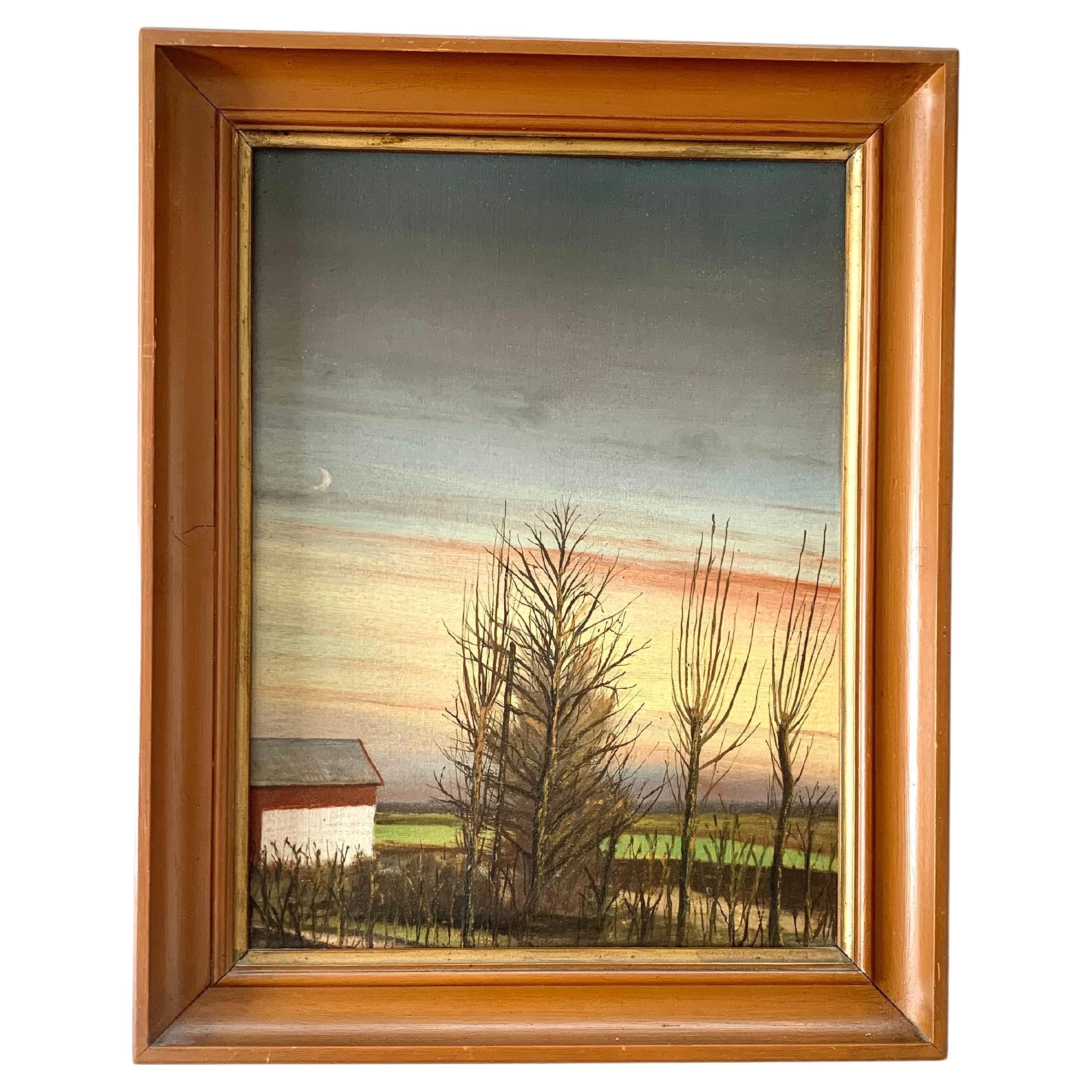 Mid century folk-inspired oil painting of twilight landscape with crescent moon For Sale