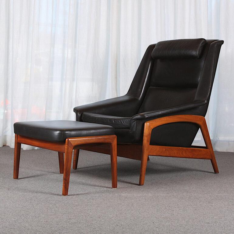 Mid Century Folke Ohlsson Profile Teak & Leather Armchair with Footstool, C.1960 1