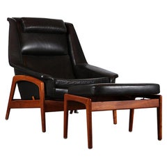 Mid Century Folke Ohlsson Profile Teak & Leather Armchair with Footstool, C.1960