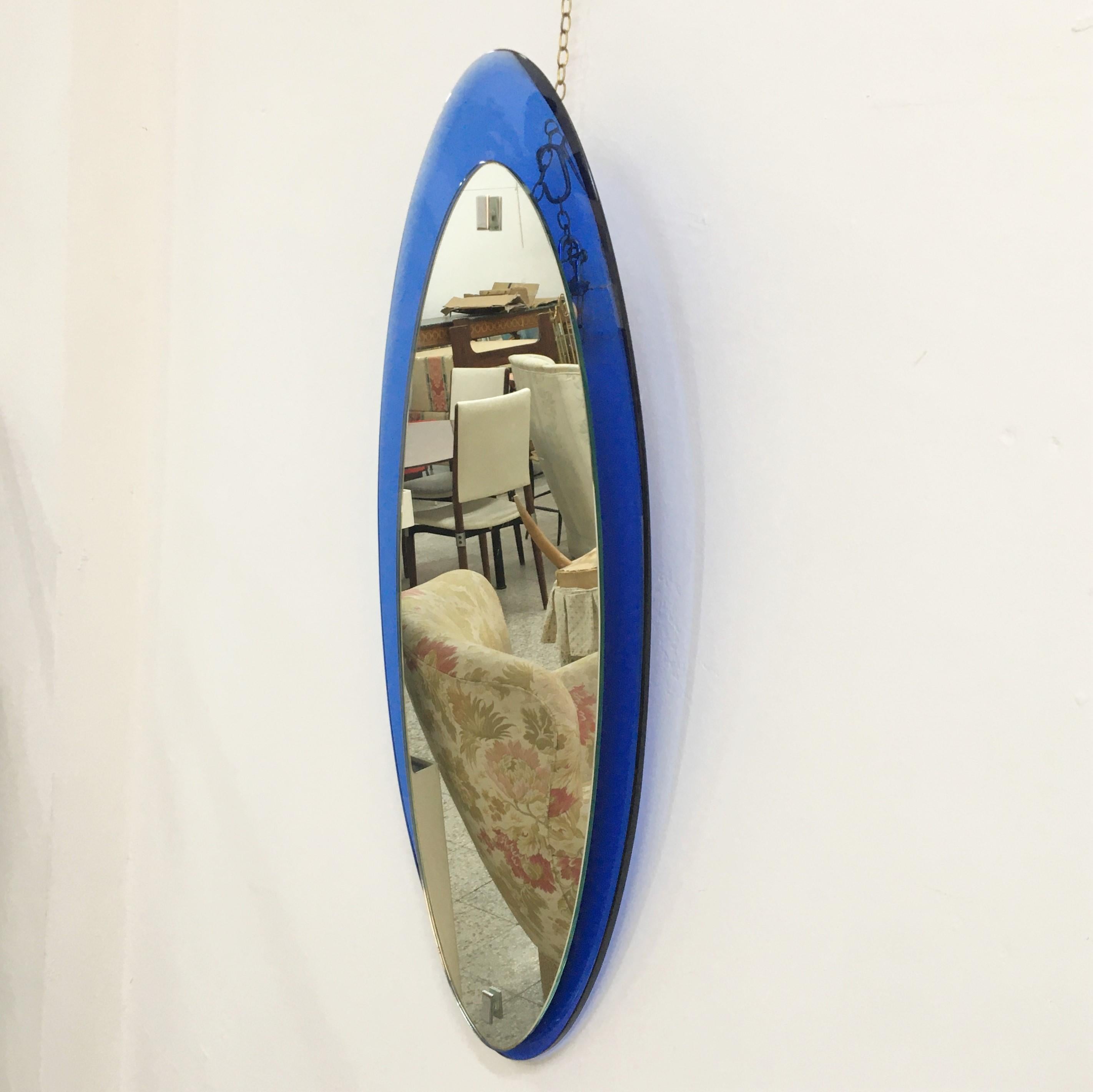 Mid-Century Modern Mid Century Fontana Arte Blue Italian Oval Mirror 1960s For Sale