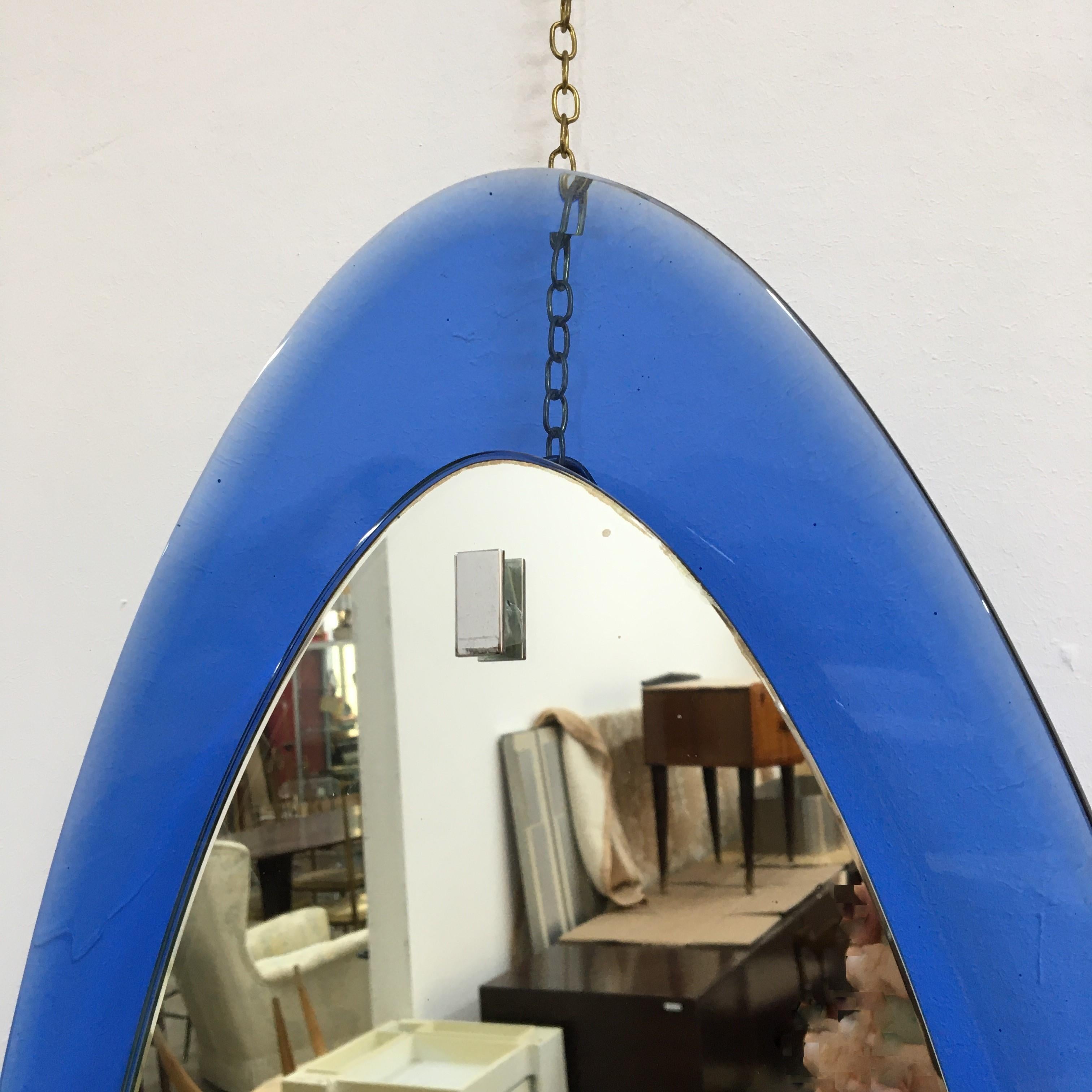 Mid-20th Century Mid Century Fontana Arte Blue Italian Oval Mirror 1960s For Sale