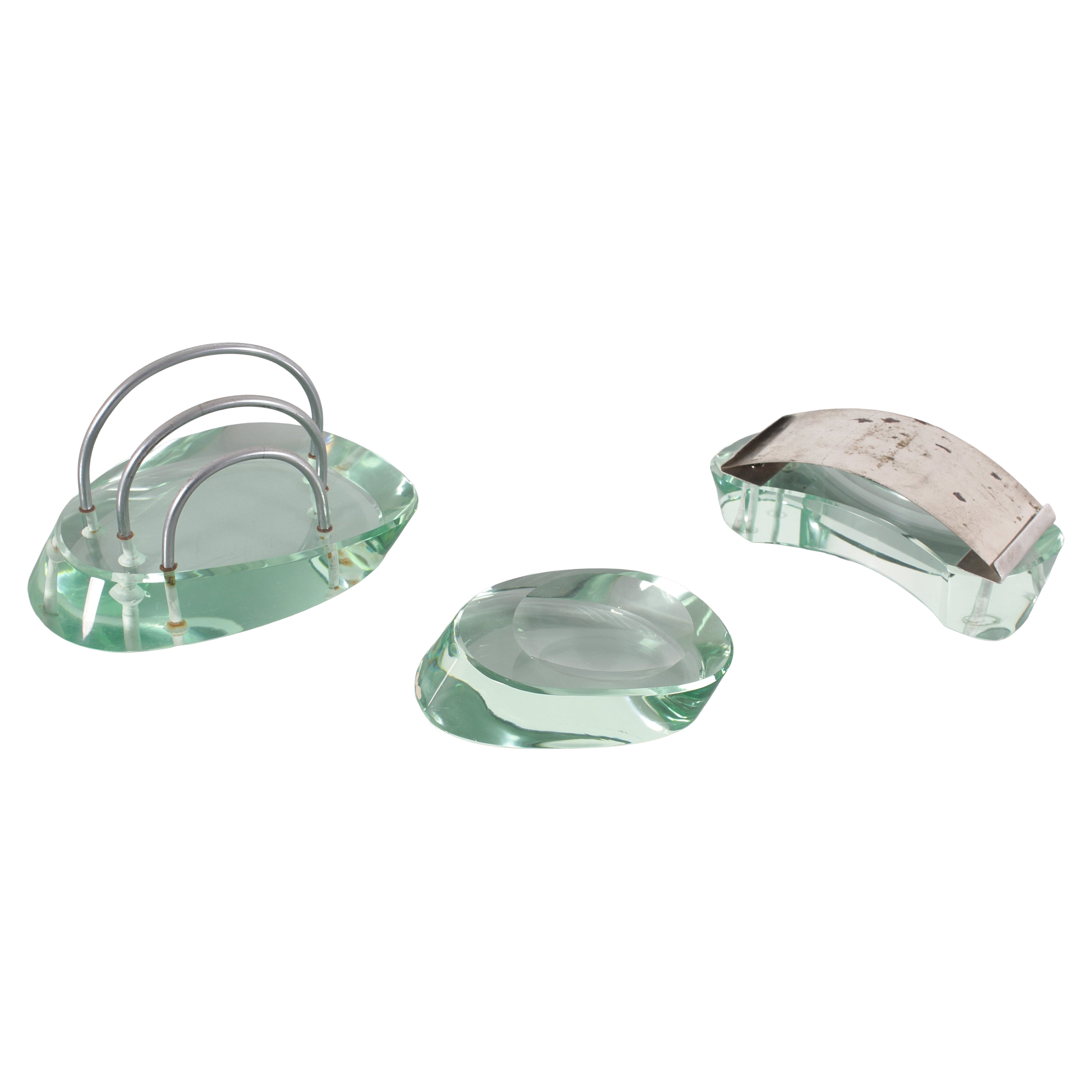 Mid-Century Fontana Arte Desk Set in Thick Nile Green Glass 50s Italy For Sale