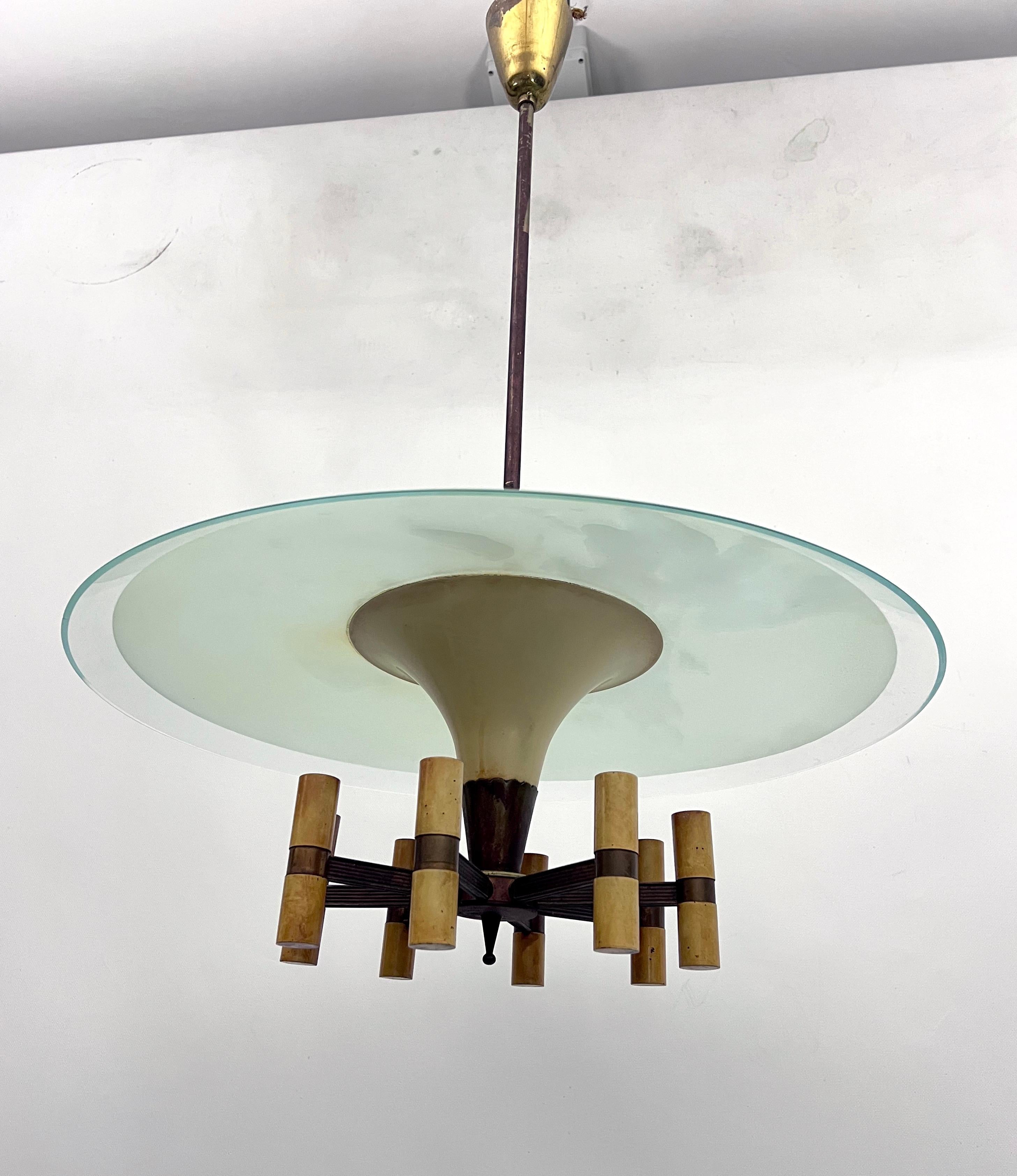 MId-Century Fontana Arte manner curved glass disk chandelier. Italy 1950s For Sale 5