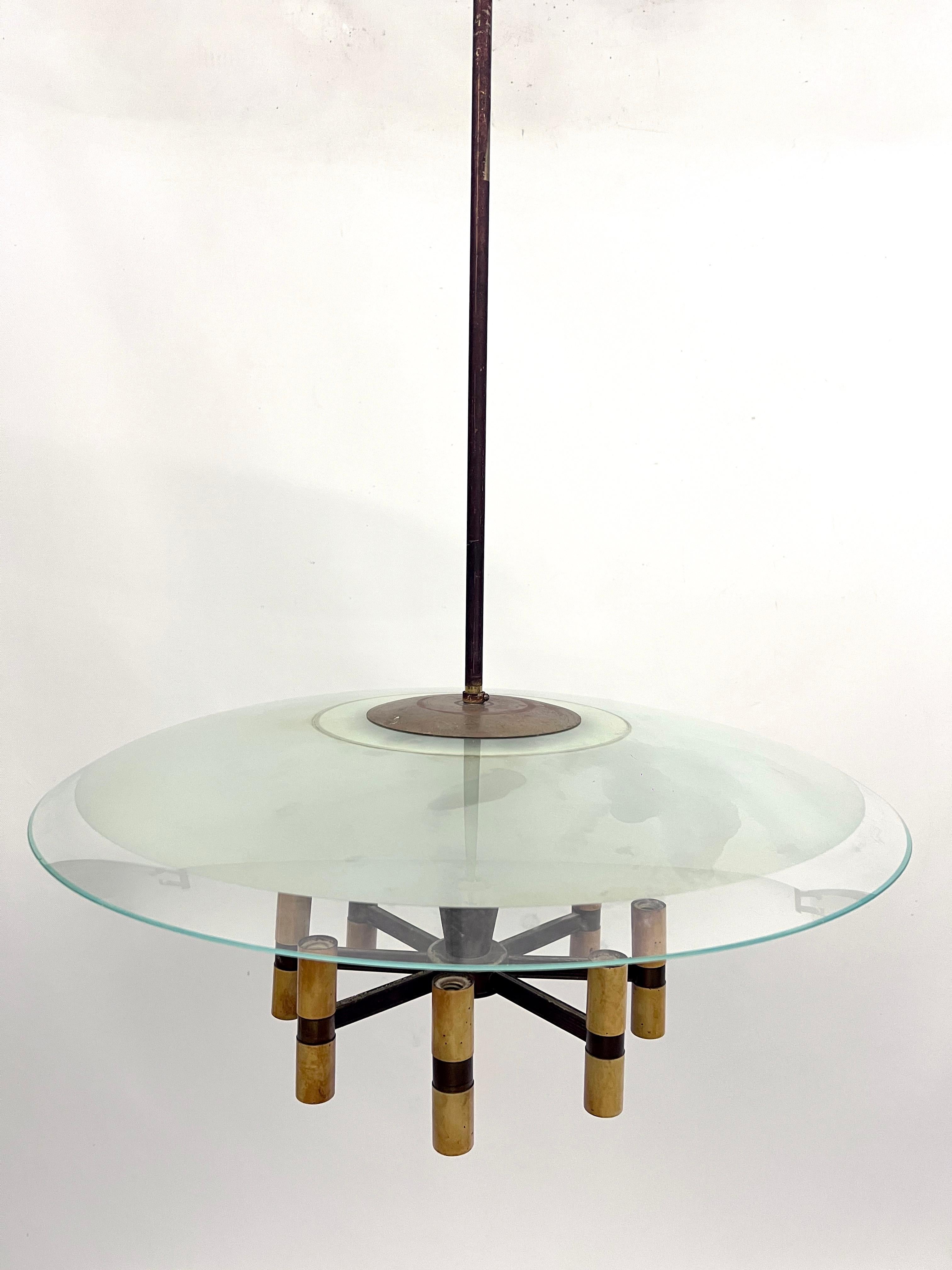 MId-Century Fontana Arte manner curved glass disk chandelier. Italy 1950s For Sale 9