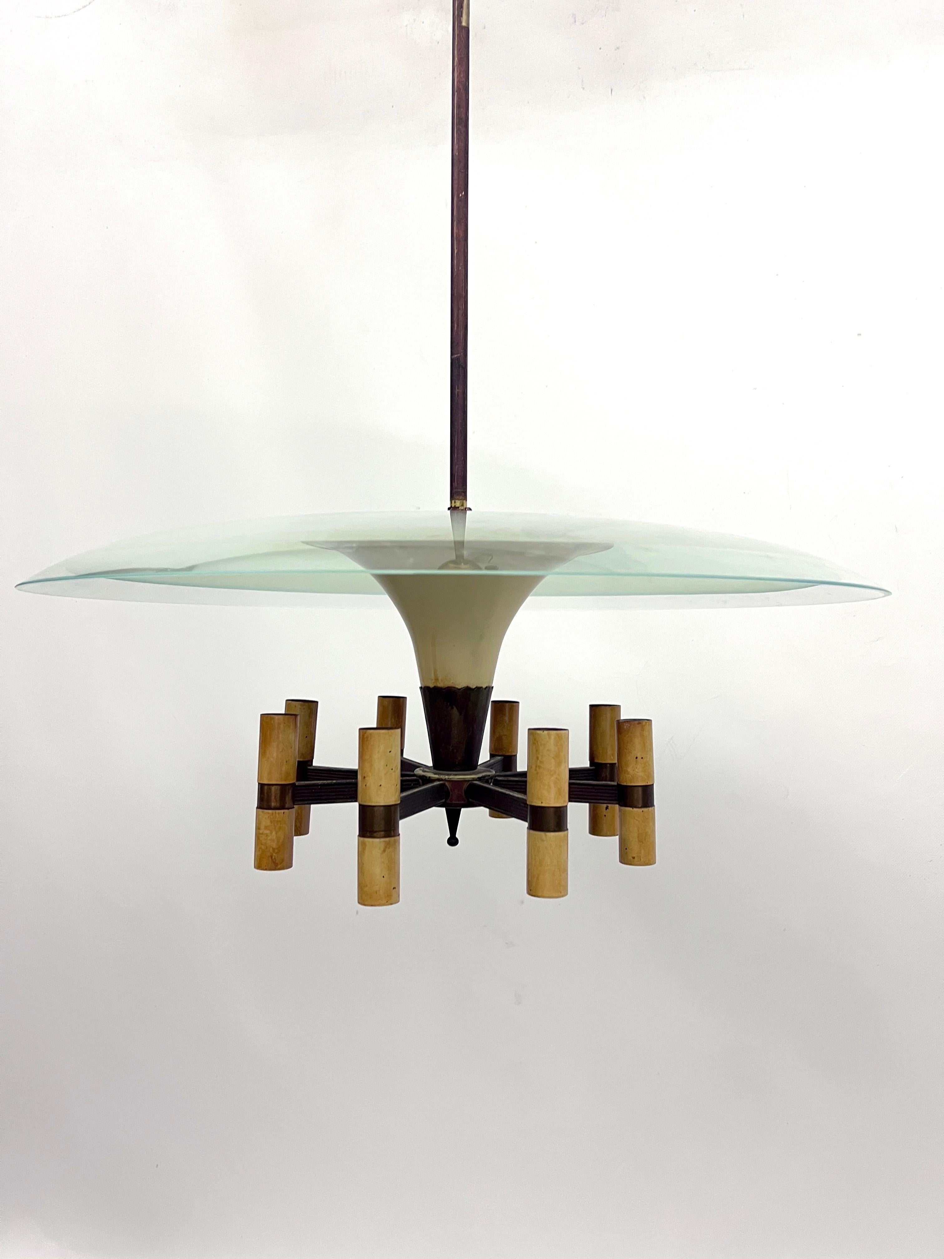 MId-Century Fontana Arte manner curved glass disk chandelier. Italy 1950s For Sale 10