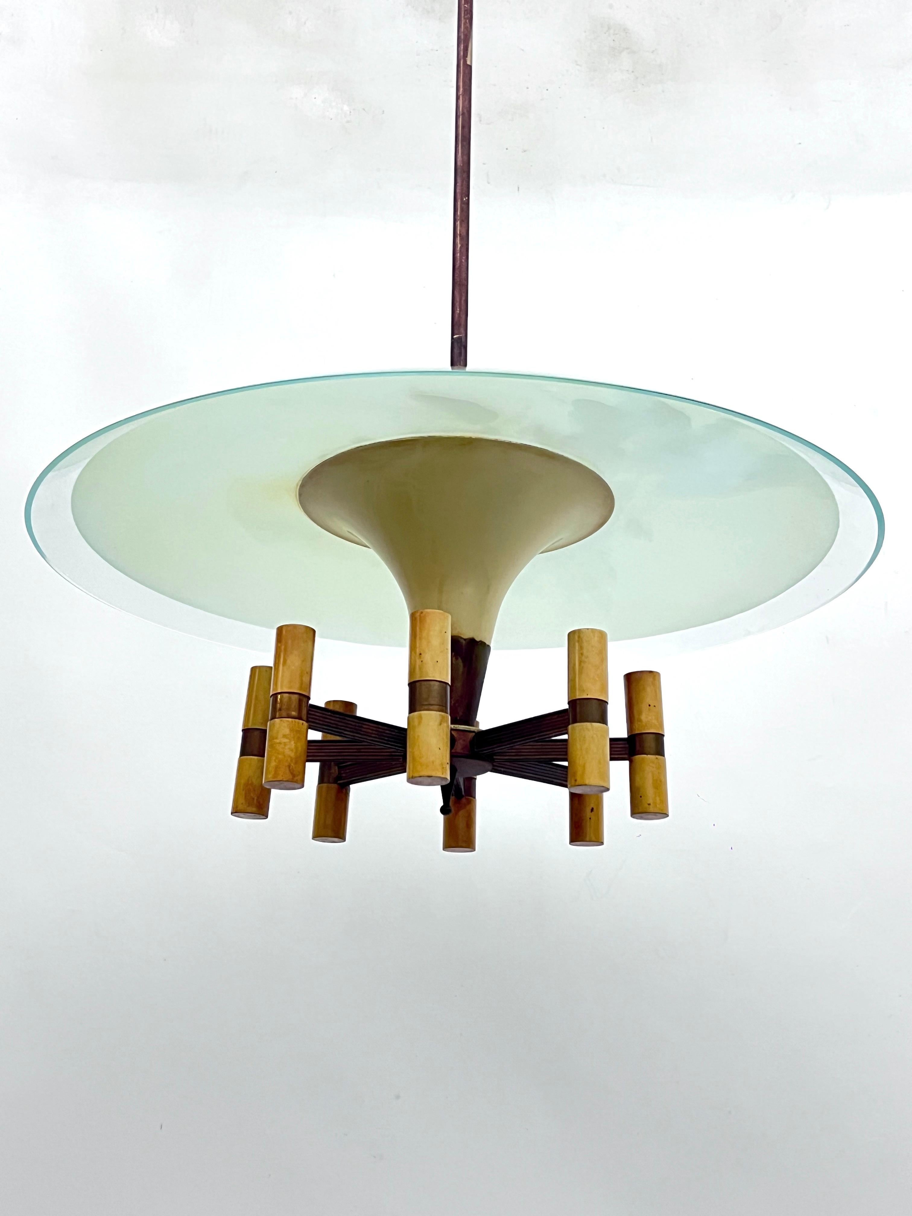 Mid-Century Modern MId-Century Fontana Arte manner curved glass disk chandelier. Italy 1950s For Sale