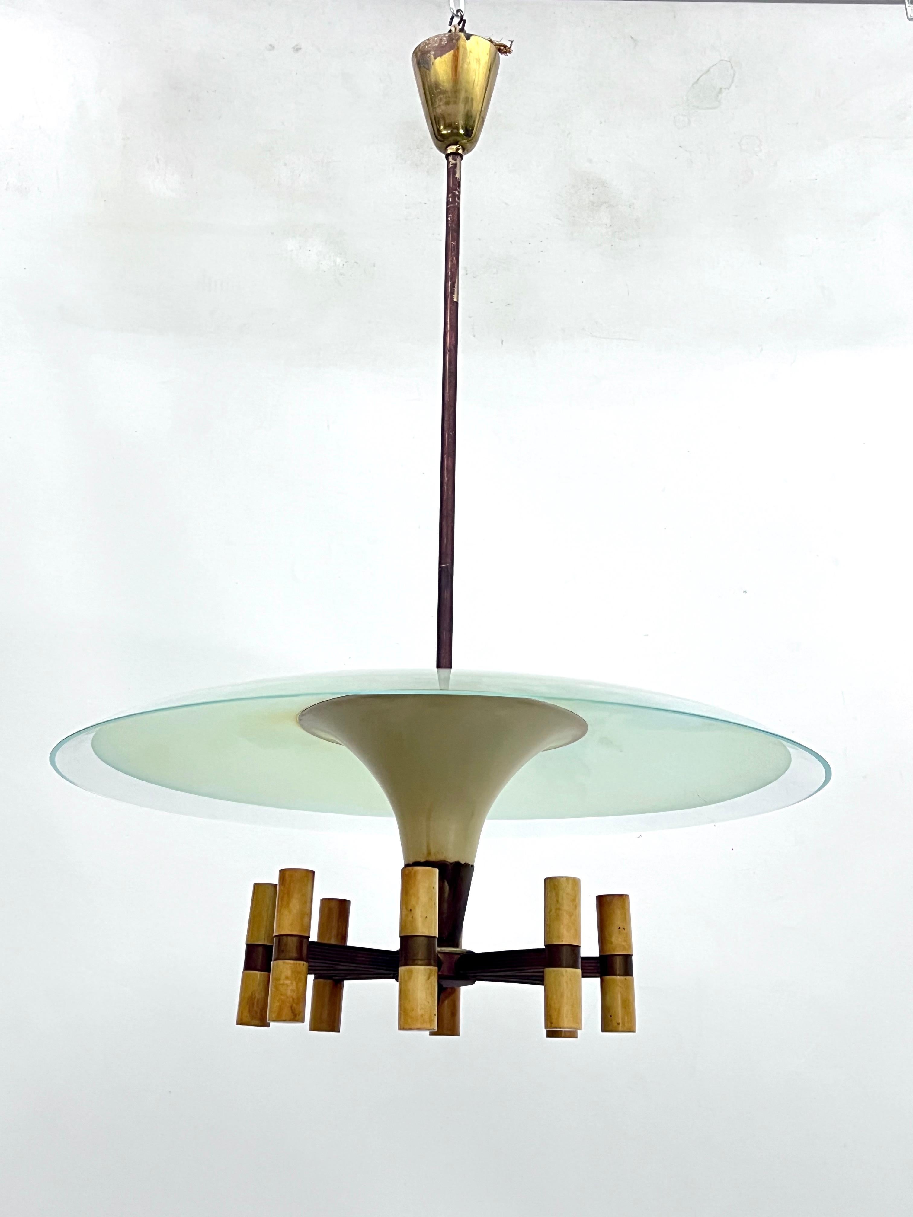 Italian MId-Century Fontana Arte manner curved glass disk chandelier. Italy 1950s For Sale