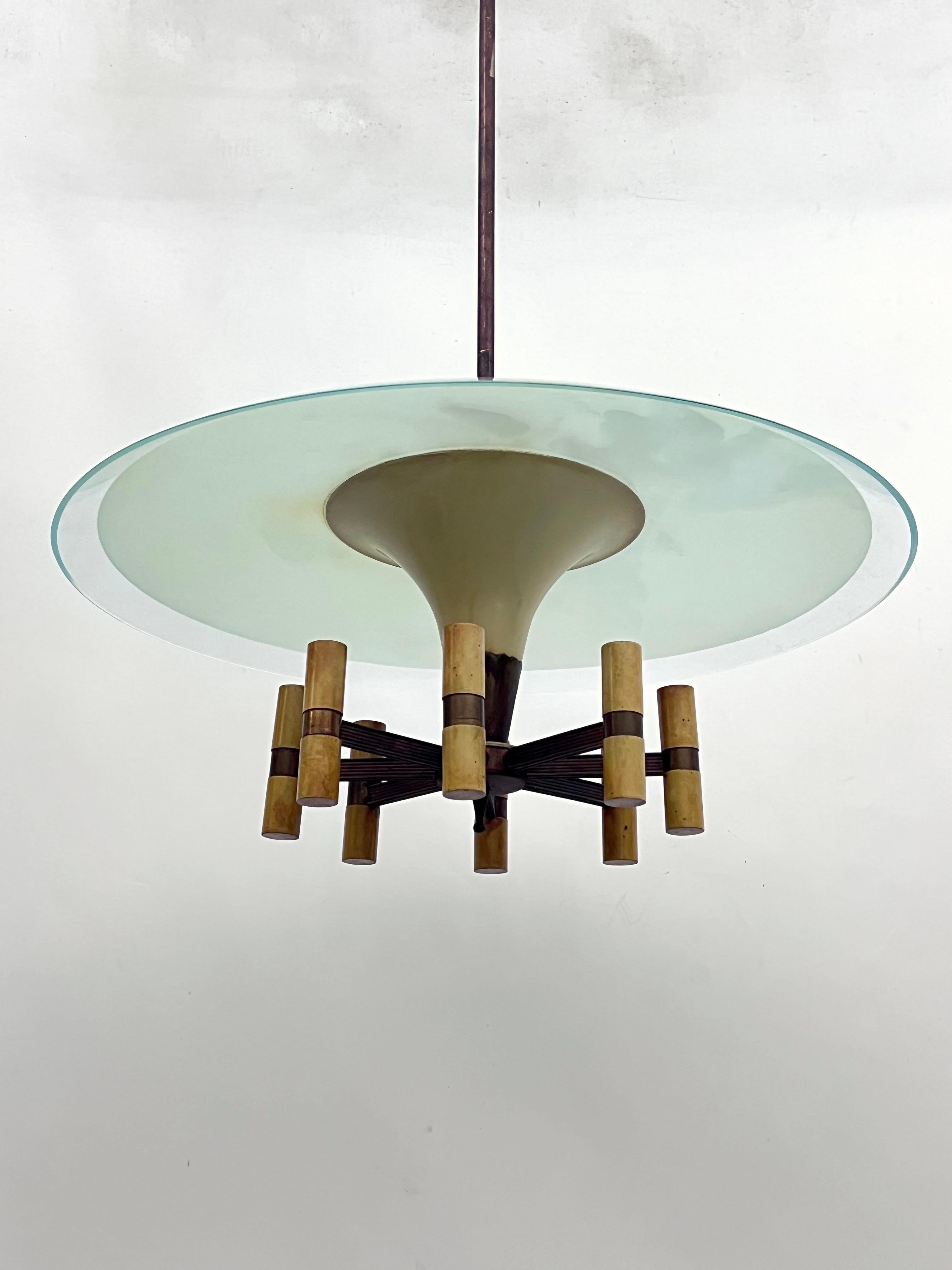 20th Century MId-Century Fontana Arte manner curved glass disk chandelier. Italy 1950s For Sale