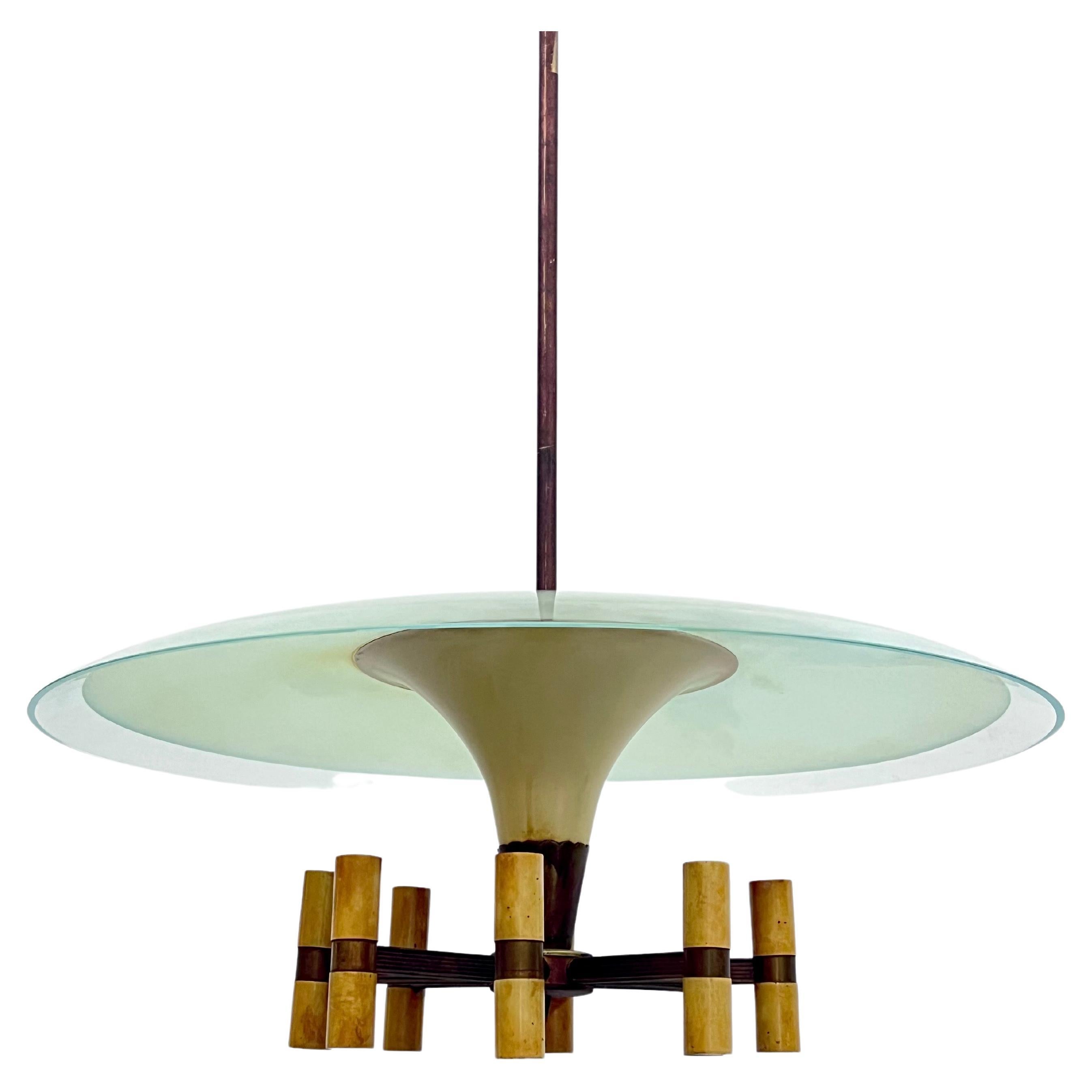 MId-Century Fontana Arte manner curved glass disk chandelier. Italy 1950s For Sale