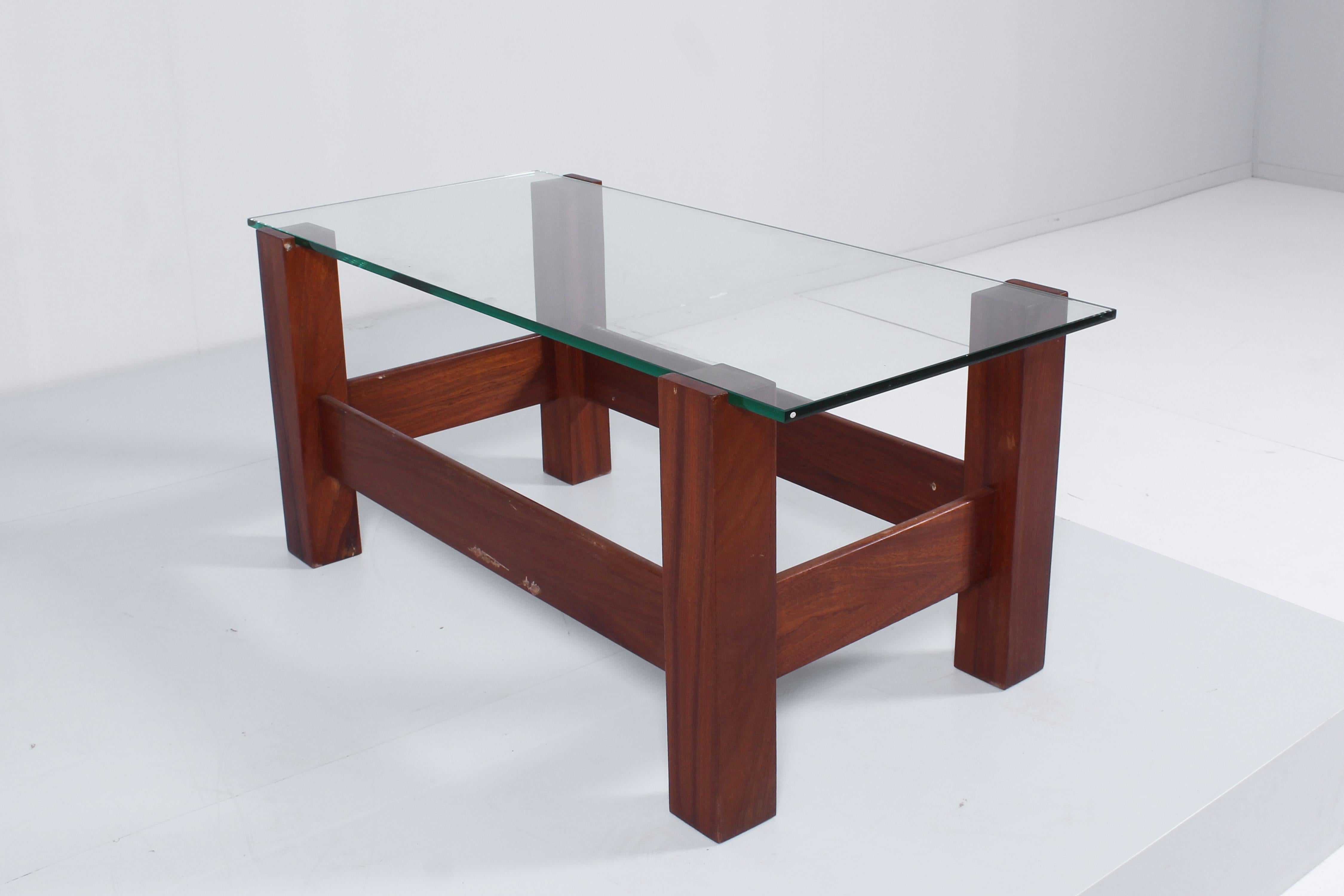 Midcentury Fontana Arte Style Wood and Glass Coffee Table 60s, Italy For Sale 1