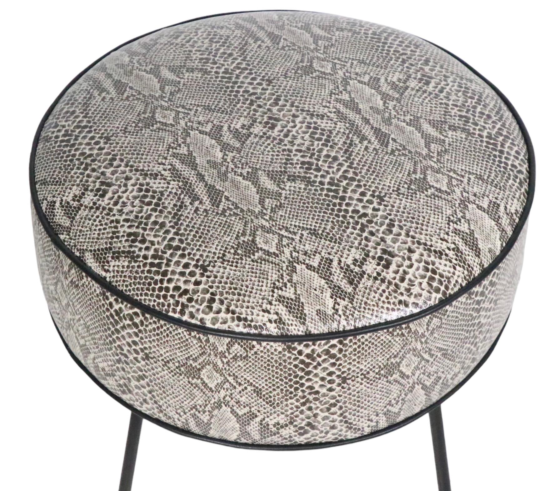 Mid Century Foot Stool Pouf Ottoman Reupholstered in Black and White Faux Python 3