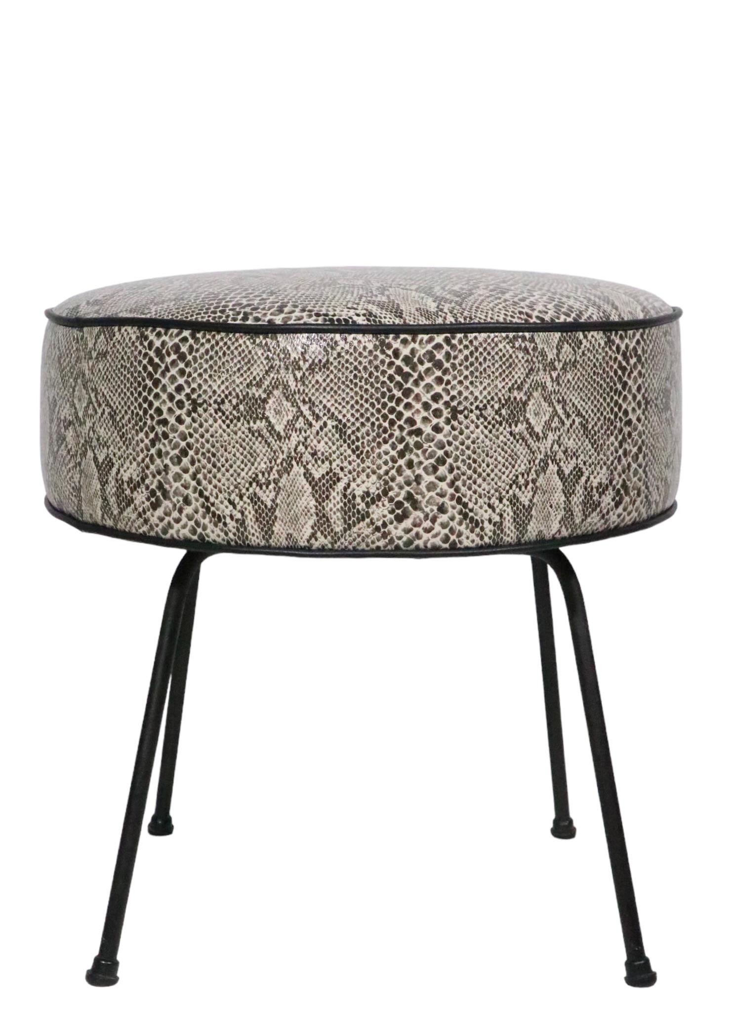 Mid Century Foot Stool Pouf Ottoman Reupholstered in Black and White Faux Python 4