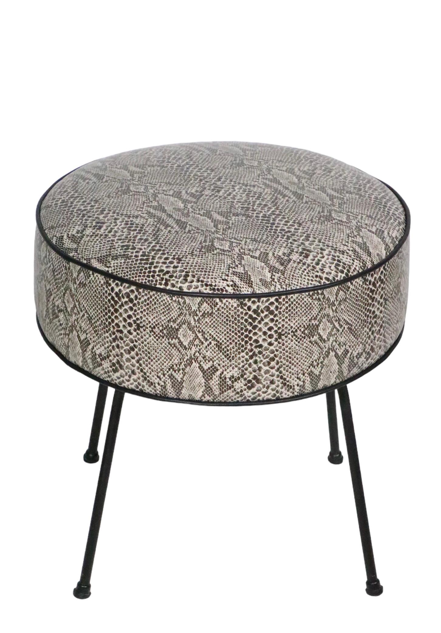 Mid Century Foot Stool Pouf Ottoman Reupholstered in Black and White Faux Python 6