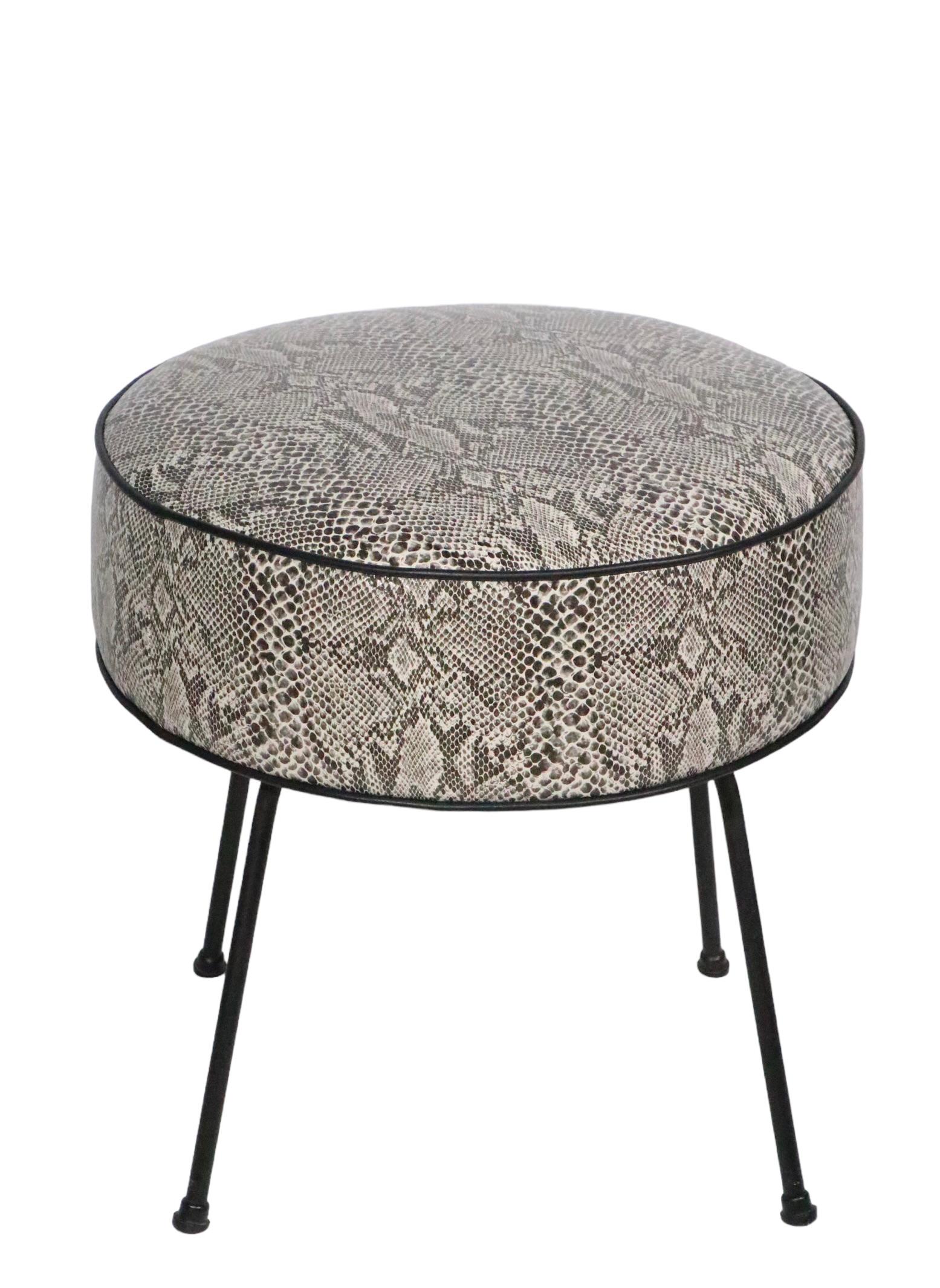 Mid Century Foot Stool Pouf Ottoman Reupholstered in Black and White Faux Python 7