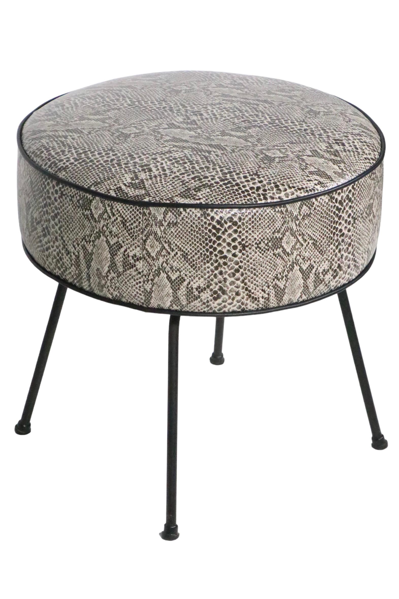 Mid Century Foot Stool Pouf Ottoman Reupholstered in Black and White Faux Python In Good Condition In New York, NY