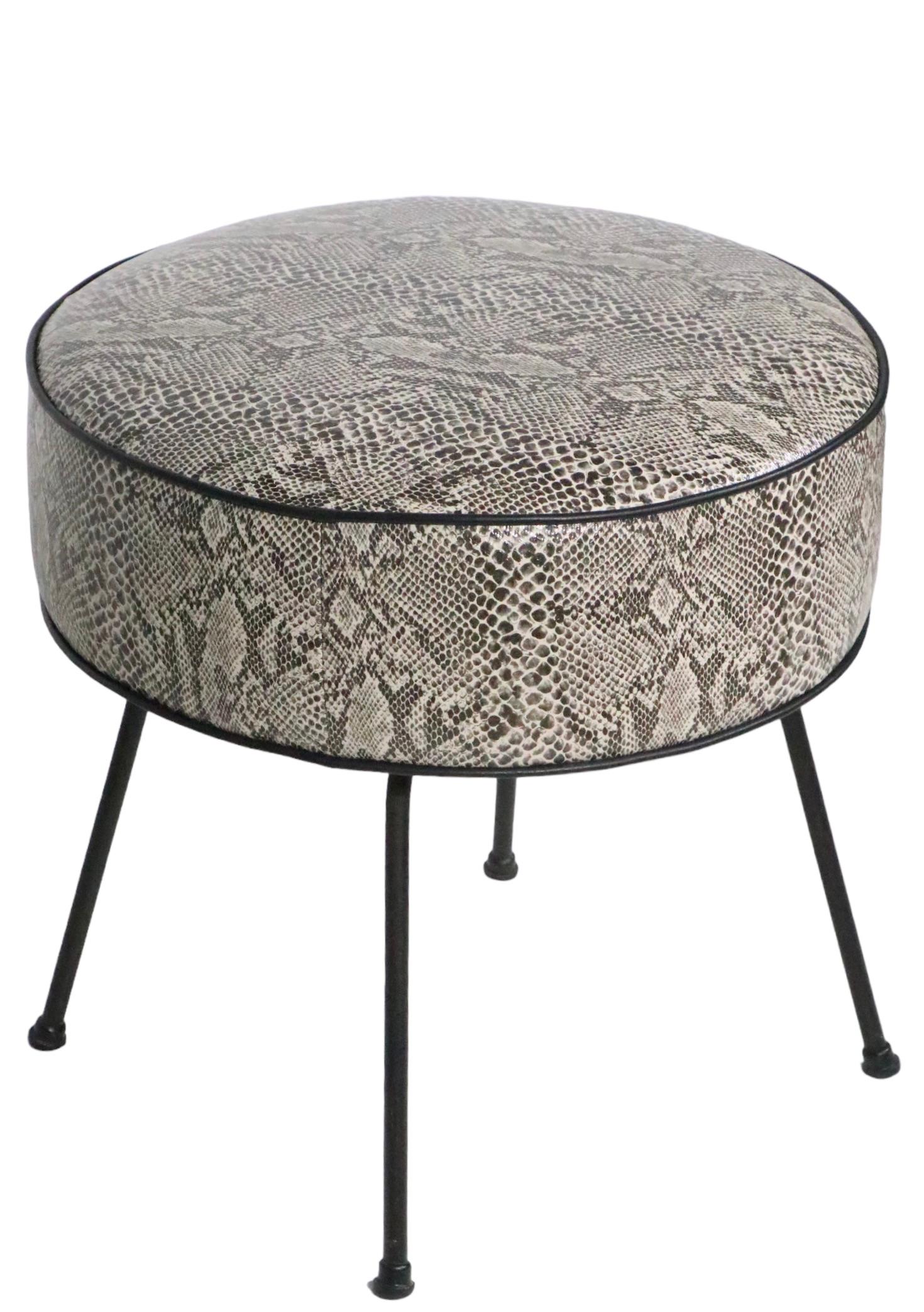 20th Century Mid Century Foot Stool Pouf Ottoman Reupholstered in Black and White Faux Python