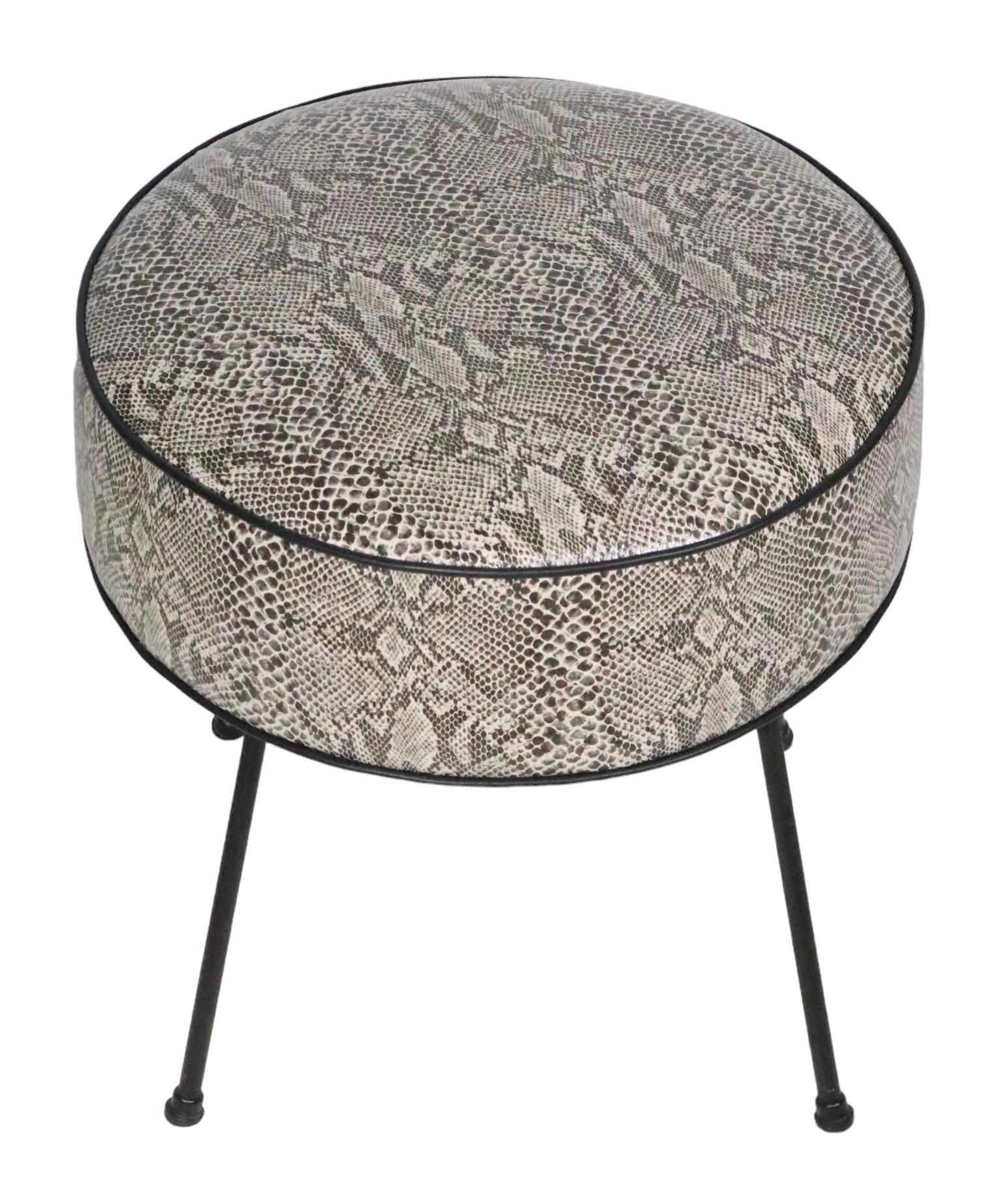 Upholstery Mid Century Foot Stool Pouf Ottoman Reupholstered in Black and White Faux Python