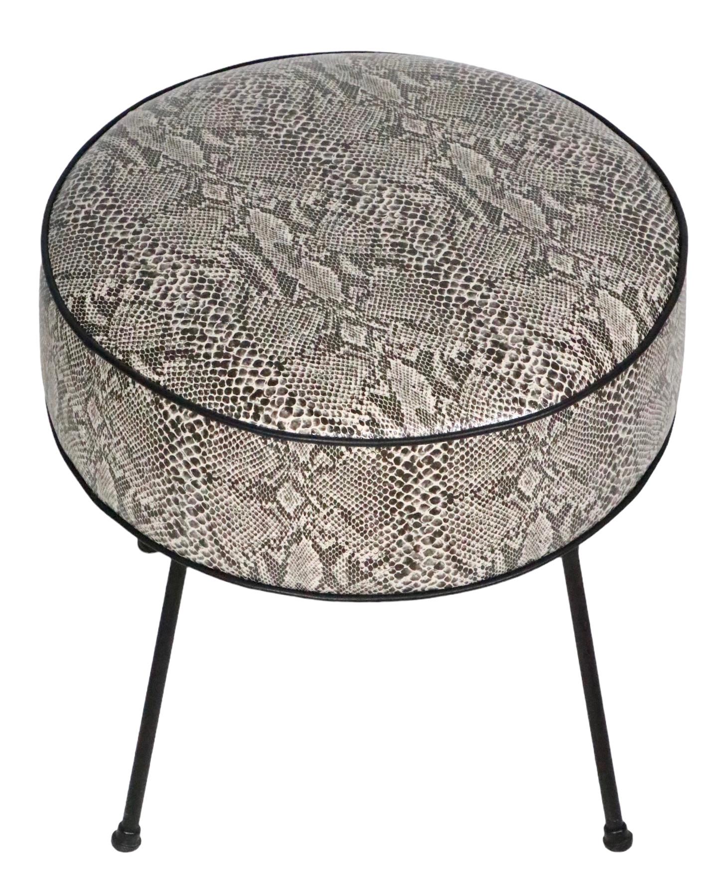 Mid Century Foot Stool Pouf Ottoman Reupholstered in Black and White Faux Python 1