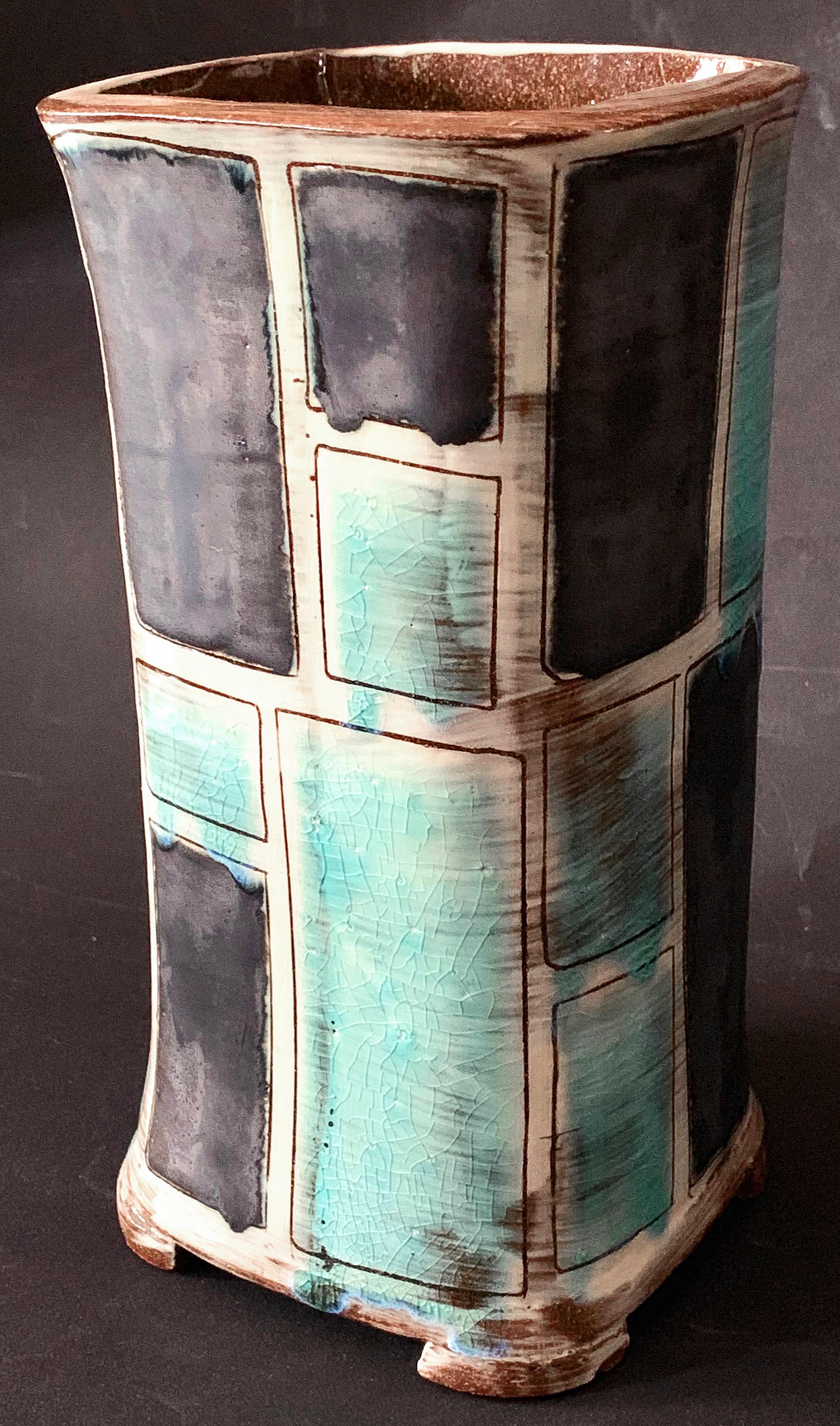 Mid-Century Modern Midcentury Footed Vase with Aqua and Black Panels, Signed K Love For Sale