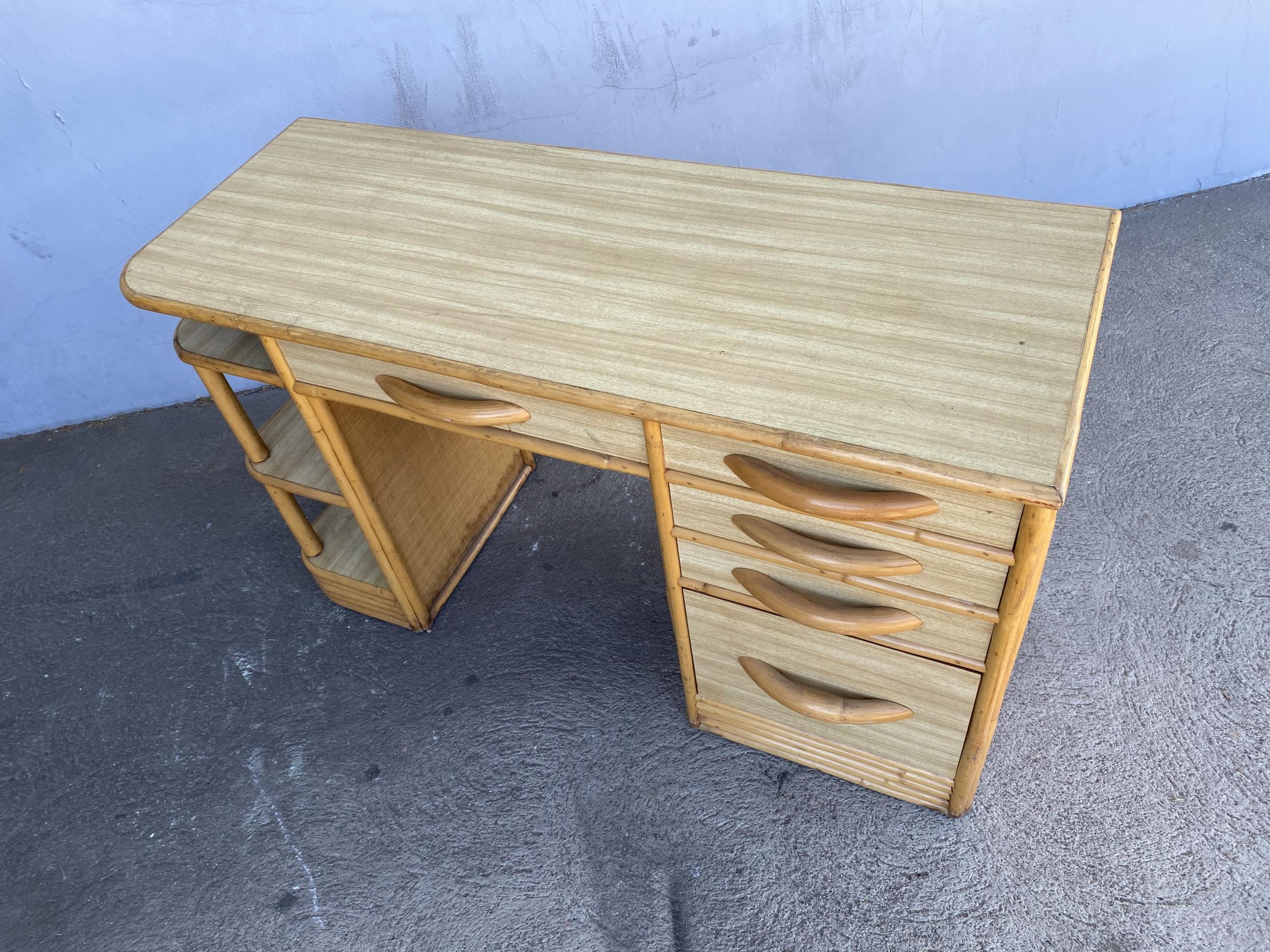 Midcentury Formica and Rattan Writing Desk with Rattan Pulls 3