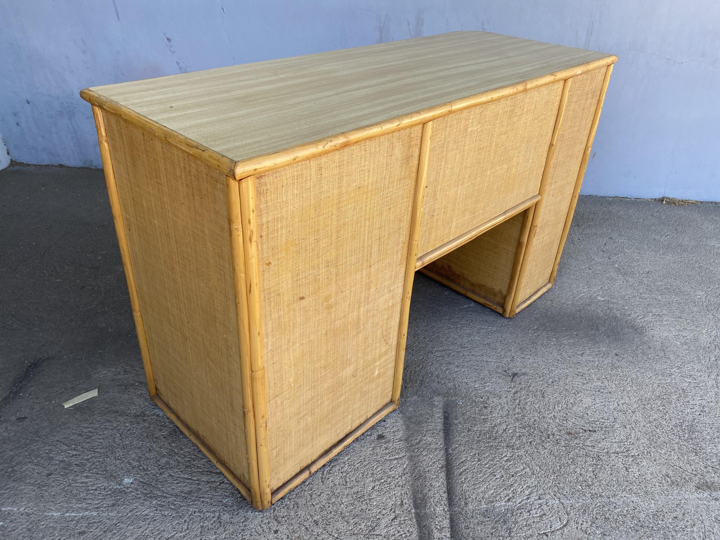 Midcentury Formica and Rattan Writing Desk with Rattan Pulls 6
