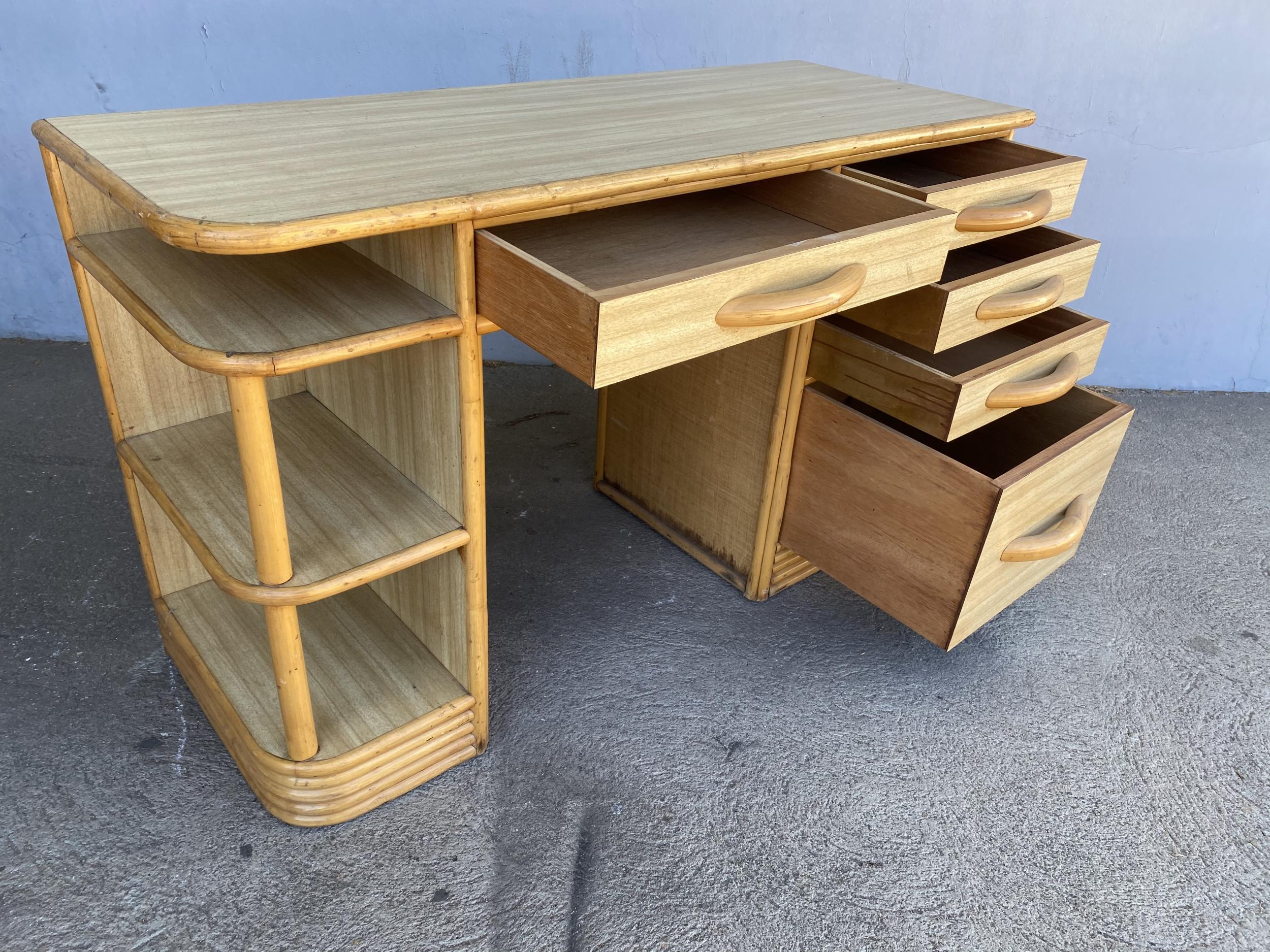 American Midcentury Formica and Rattan Writing Desk with Rattan Pulls