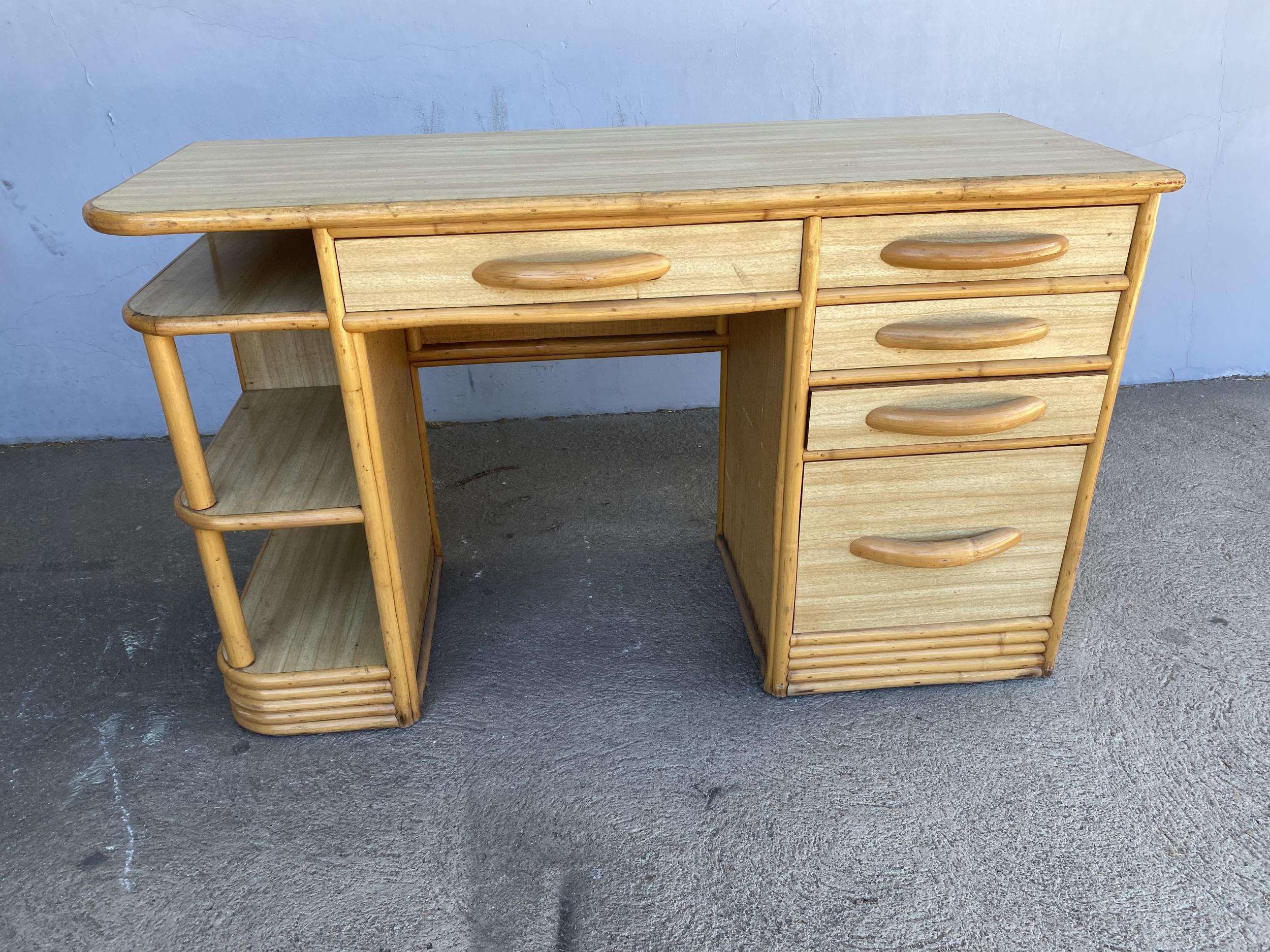 Midcentury Formica and Rattan Writing Desk with Rattan Pulls In Excellent Condition In Van Nuys, CA