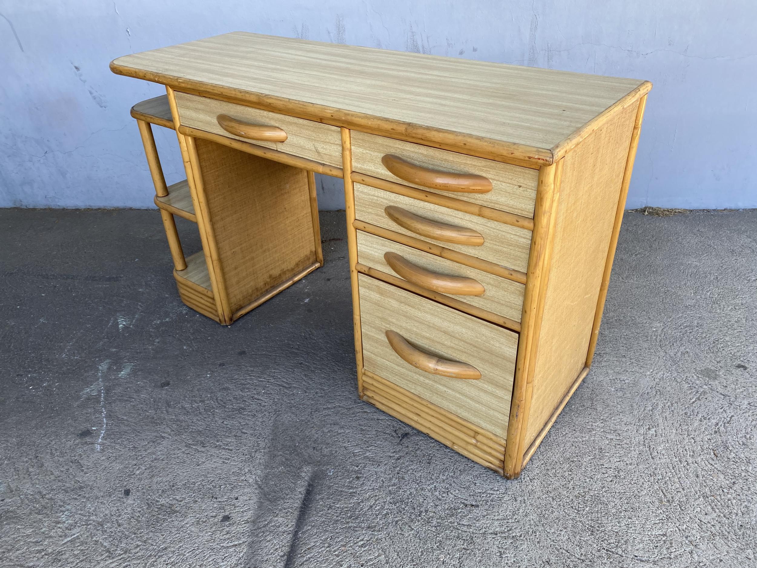 Midcentury Formica and Rattan Writing Desk with Rattan Pulls 2