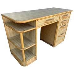 Midcentury Formica and Rattan Writing Desk with Rattan Pulls