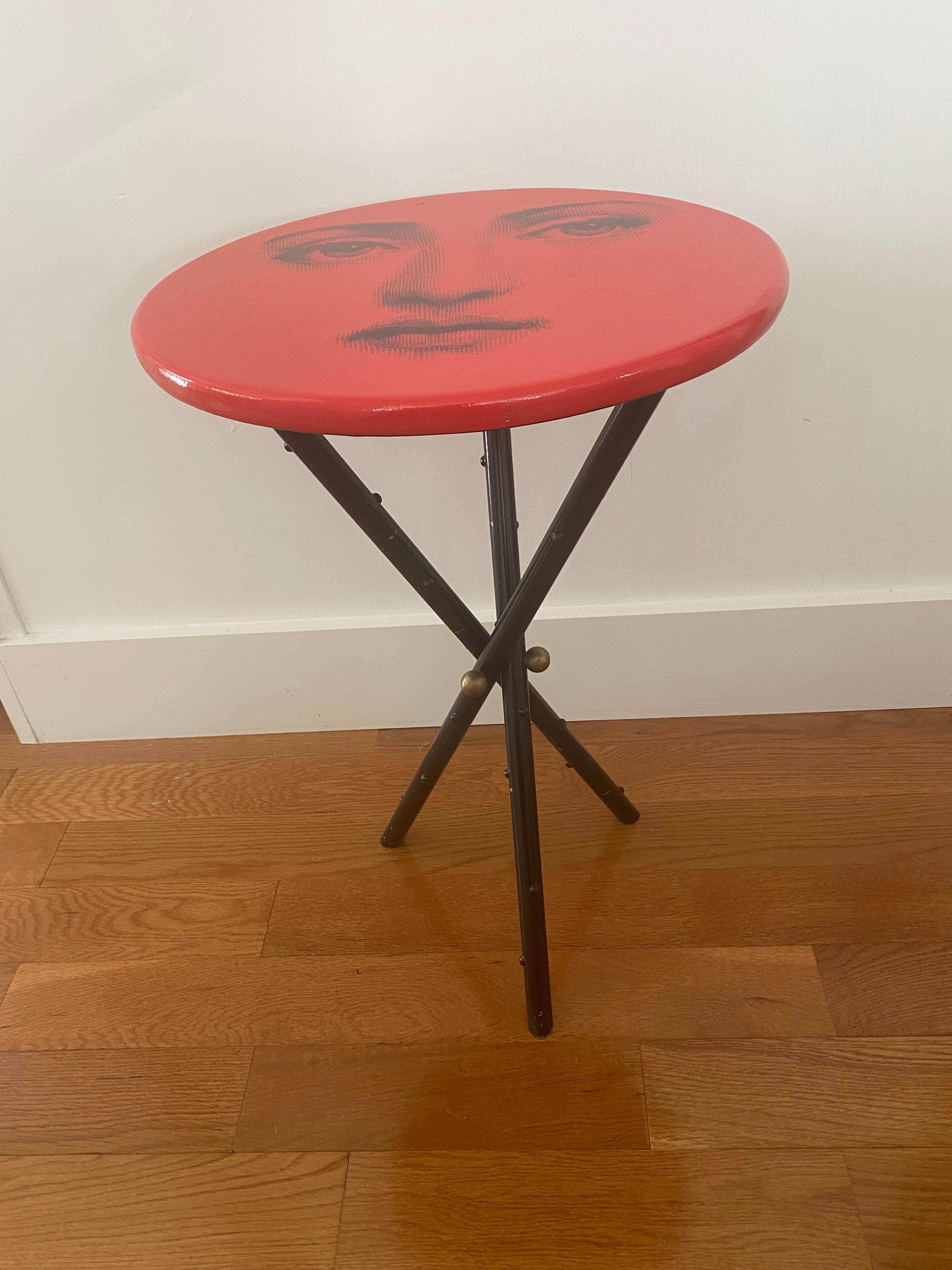 Italian Mid century Fornasetti side drink table faux tripod leg iconic face Italy Lina For Sale