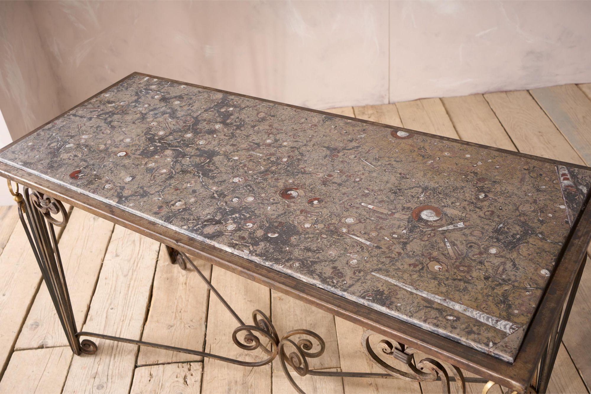 Mid century Fossil marble console table with metal base 5