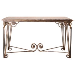 Mid century Fossil marble console table with metal base